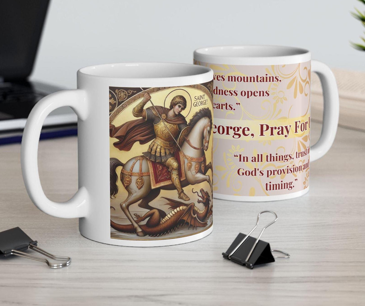 Orthodox Christian ceramic mug featuring a vibrant St. George design. Perfect for coffee, tea, or as a meaningful gift for Christmas, baptisms, and name days. 11oz white ceramic mug with a durable AAA+ ORCA coating, microwave- and dishwasher-safe