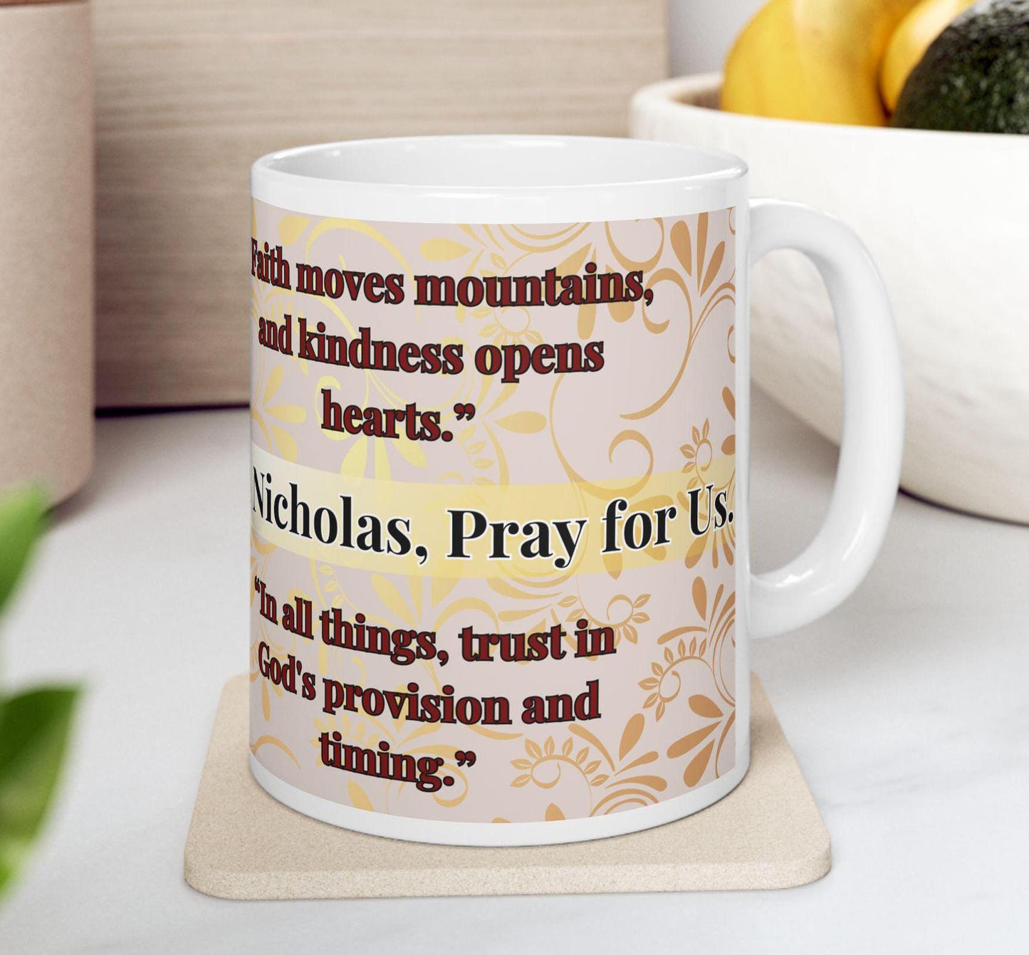 Orthodox Christian ceramic mug featuring a vibrant St. Nicholas design. Perfect for coffee, tea, or as a meaningful gift for Christmas, baptisms, and name days. 11oz white ceramic mug with a durable AAA+ ORCA coating, microwave- and dishwasher-safe
