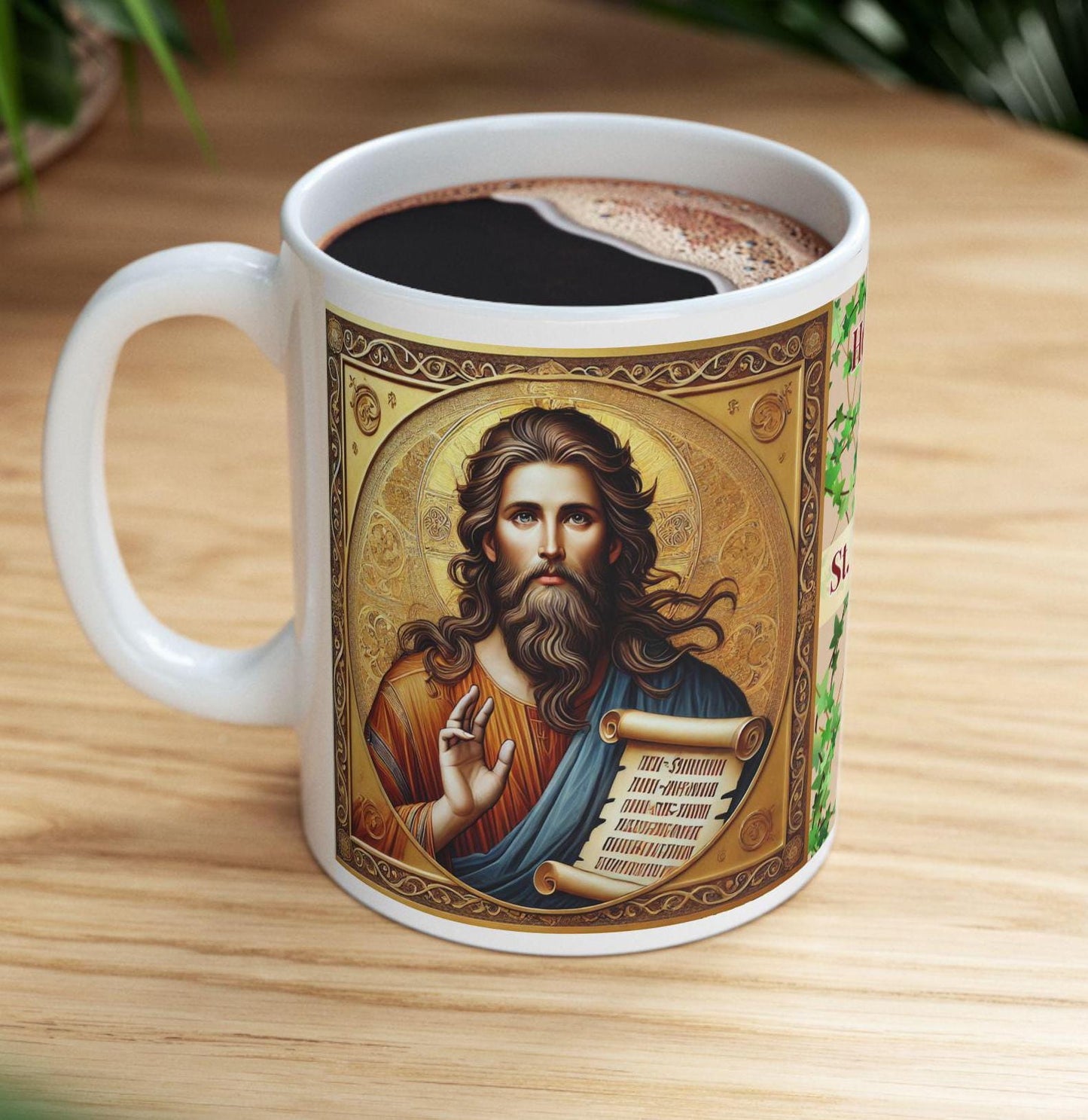 Orthodox Christian 11oz ceramic mug with a vibrant St. John the Baptist design. Durable, microwave- and dishwasher-safe, perfect for coffee or tea. Ideal for baptisms, name days, or as a meaningful gift for any religious occasion