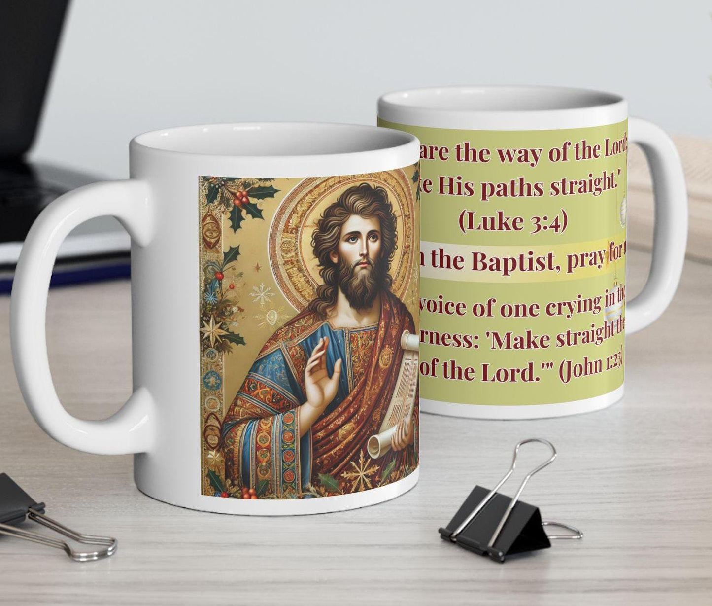 Orthodox Christian 11oz ceramic mug with a vibrant St. John the Baptist design. Durable, microwave- and dishwasher-safe, perfect for coffee or tea. Ideal for baptisms, name days, or as a meaningful gift for any religious occasion