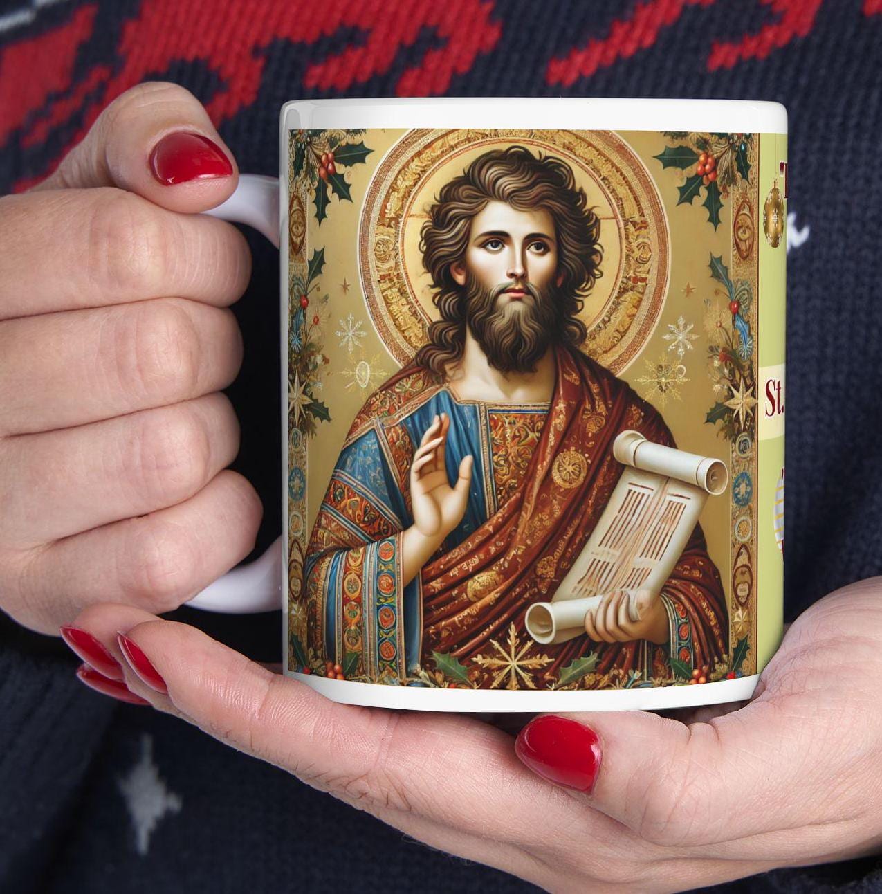 Orthodox Christian 11oz ceramic mug with a vibrant St. John the Baptist design. Durable, microwave- and dishwasher-safe, perfect for coffee or tea. Ideal for baptisms, name days, or as a meaningful gift for any religious occasion