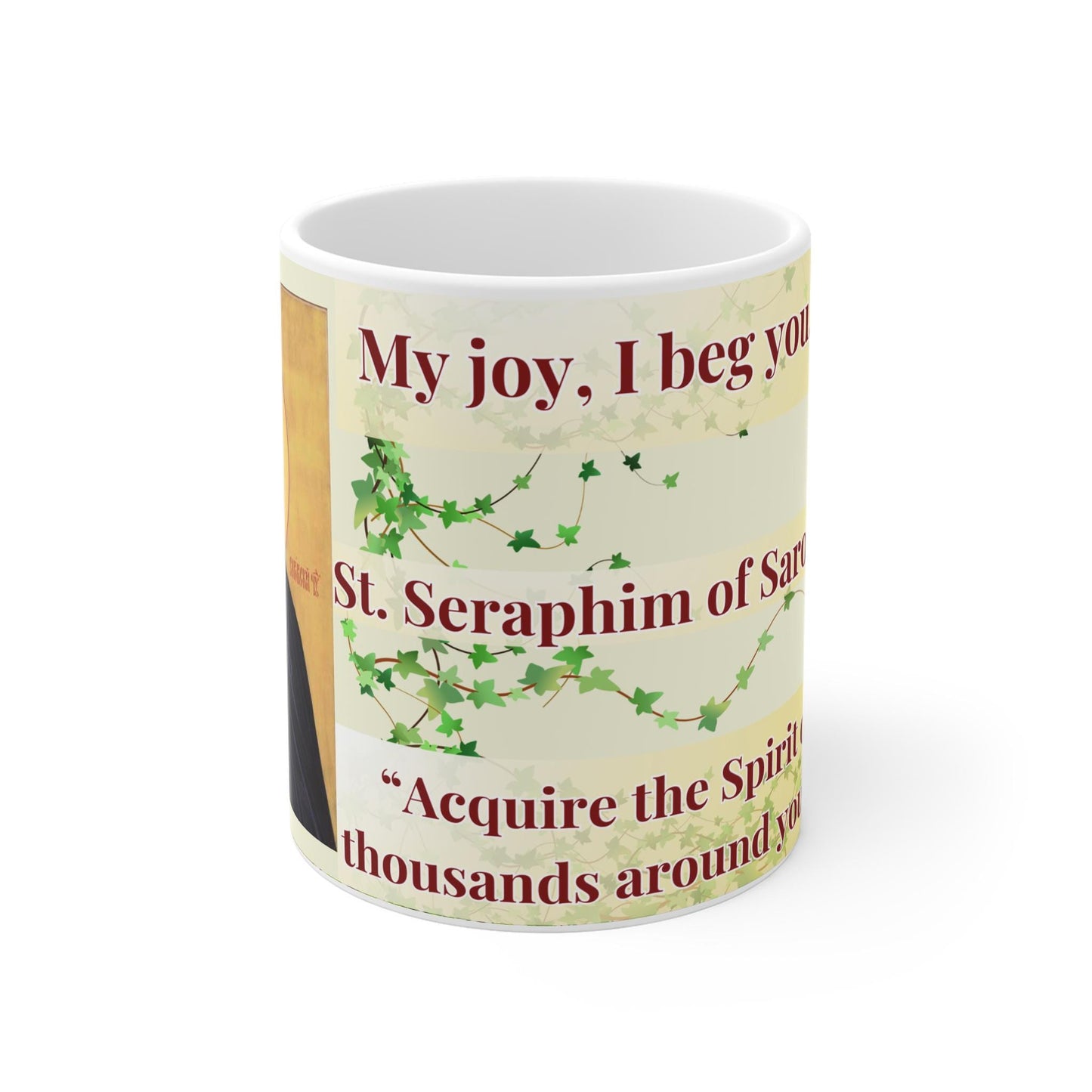 Saint Seraphim of Sarov 11oz ceramic mug with a detailed Orthodox Christian design. Durable, microwave- and dishwasher-safe, perfect for coffee, tea, or as a thoughtful gift for baptisms, name days, or celebrations of faith