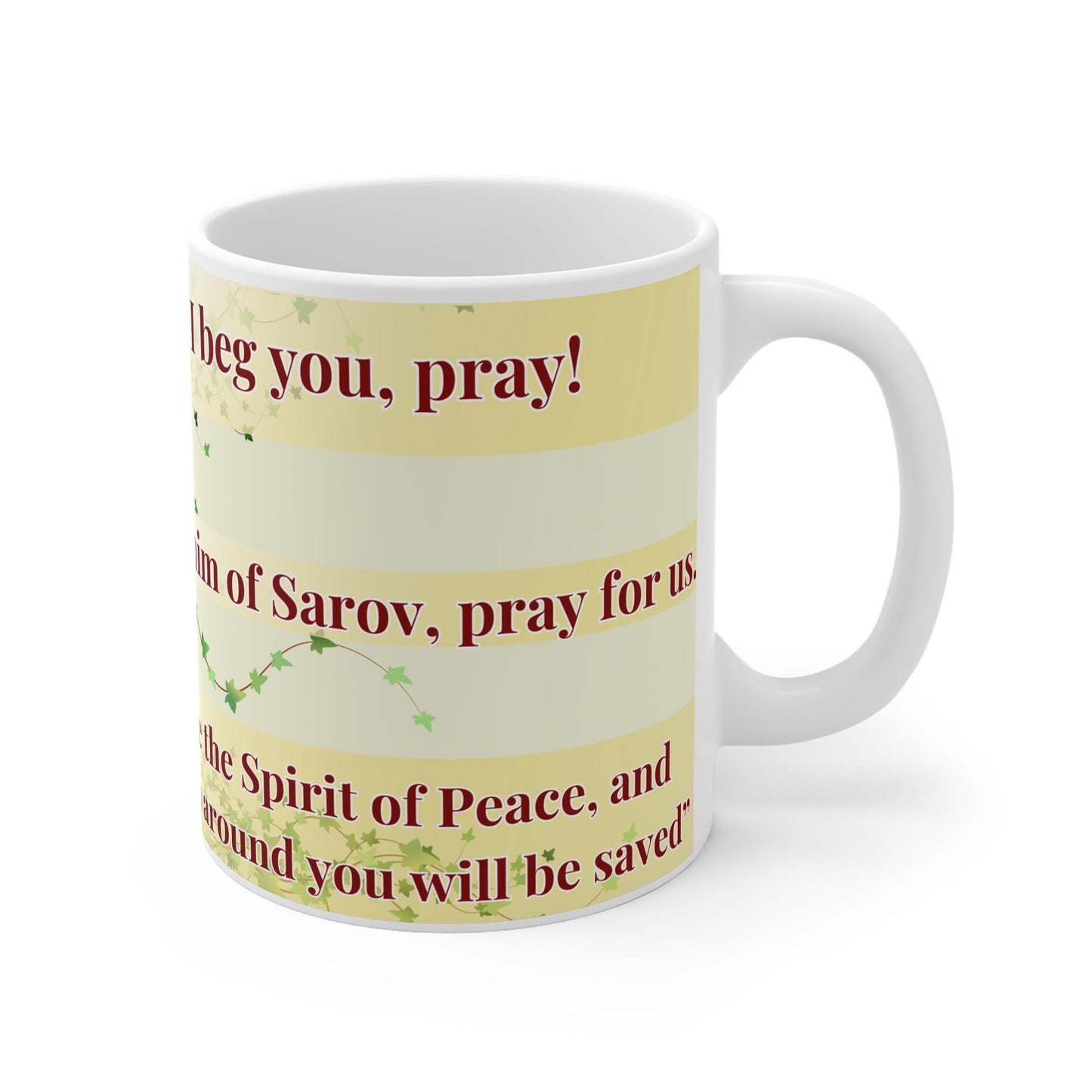 Saint Seraphim of Sarov 11oz ceramic mug with a detailed Orthodox Christian design. Durable, microwave- and dishwasher-safe, perfect for coffee, tea, or as a thoughtful gift for baptisms, name days, or celebrations of faith