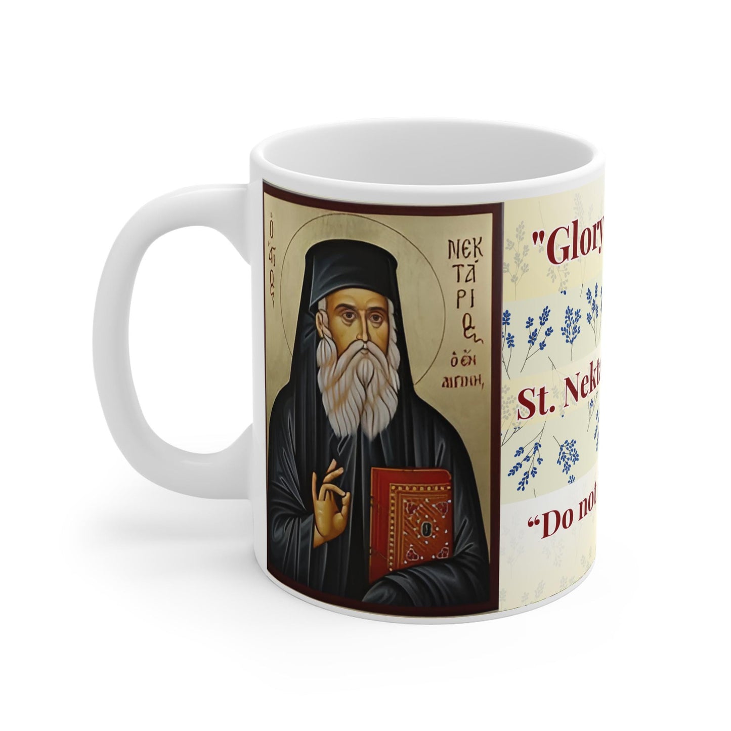 Saint Nektarios of Aegina 11oz ceramic mug with a detailed Orthodox Christian design. Durable, microwave- and dishwasher-safe, perfect for coffee, tea, or as a meaningful gift for baptisms, name days, or celebrations of faith