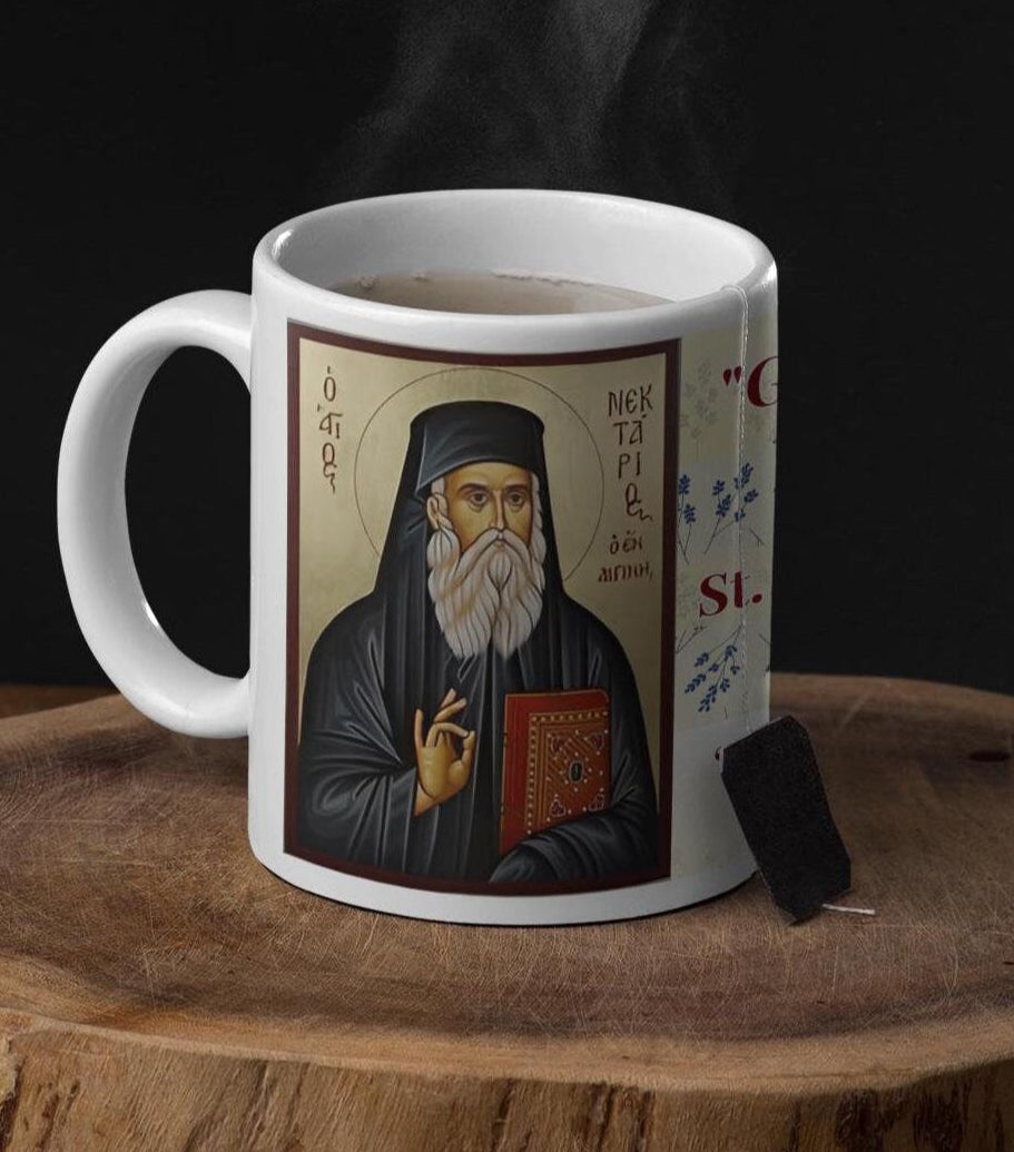Saint Nektarios of Aegina 11oz ceramic mug with a detailed Orthodox Christian design. Durable, microwave- and dishwasher-safe, perfect for coffee, tea, or as a meaningful gift for baptisms, name days, or celebrations of faith