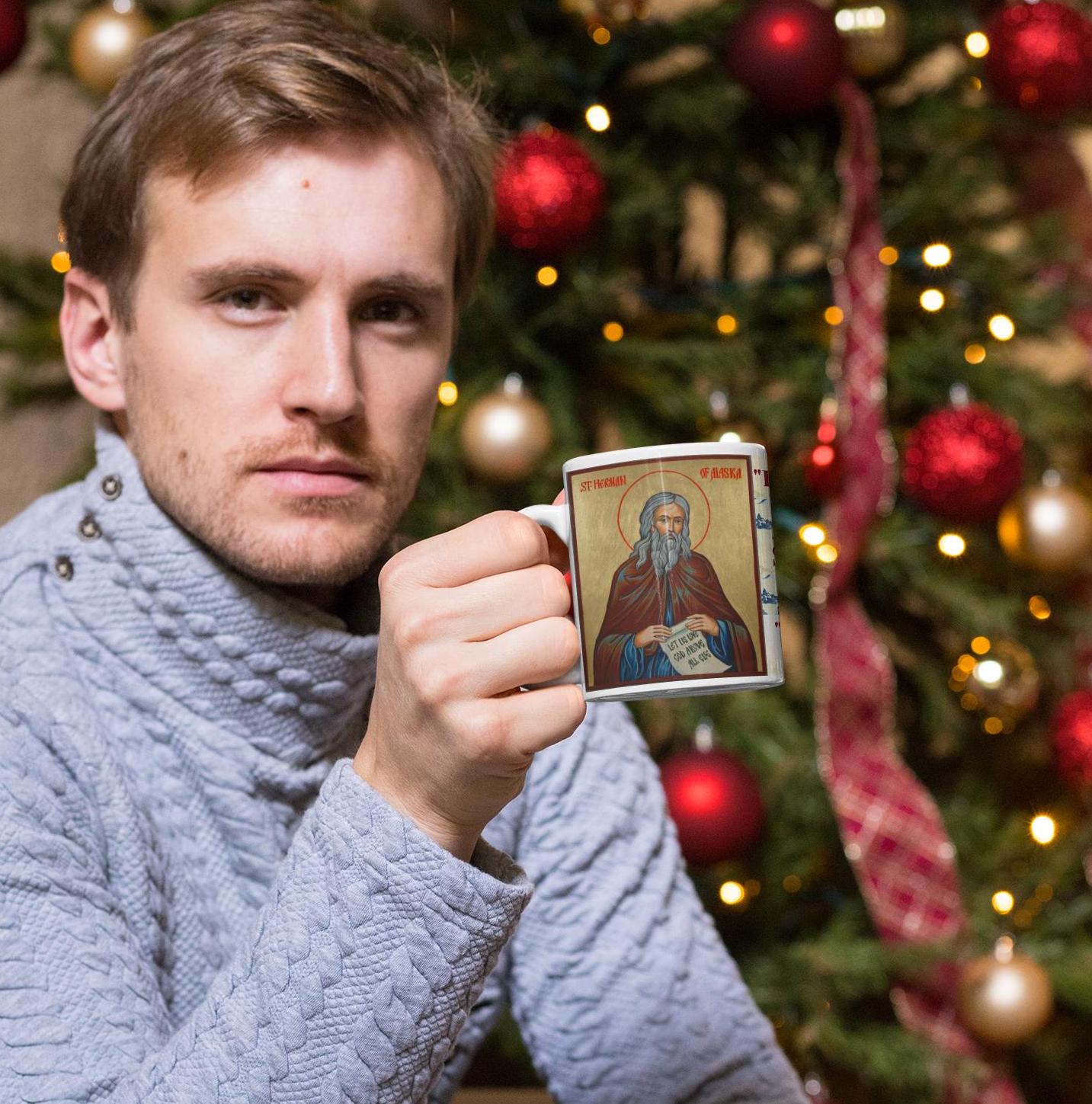 Saint Herman of Alaska 11oz ceramic mug with a detailed Orthodox Christian design. Durable, microwave- and dishwasher-safe, perfect for coffee, tea, or as a meaningful gift for baptisms, name days, or celebrations of faith