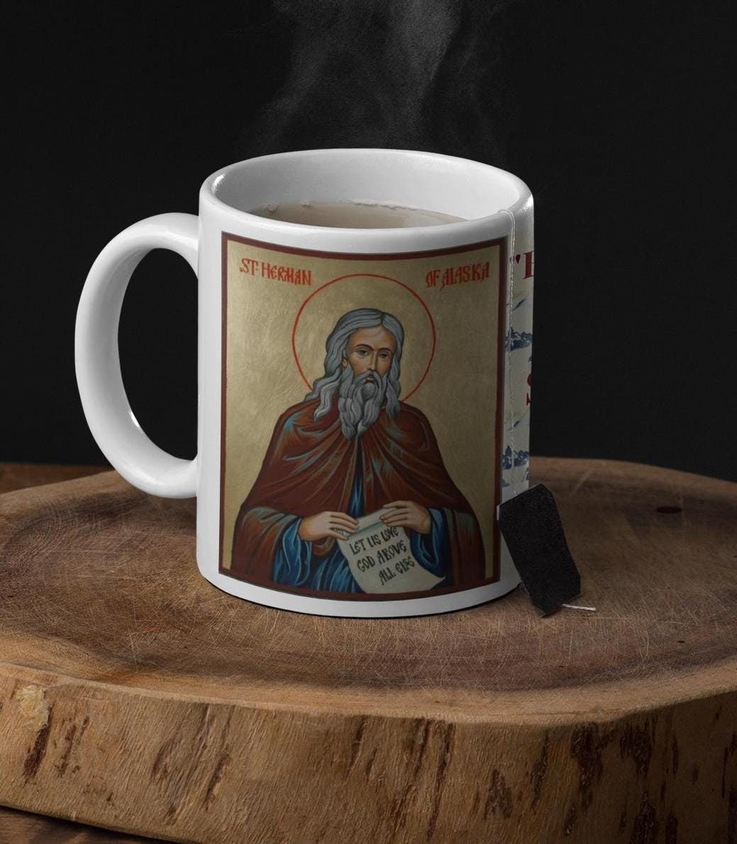 Saint Herman of Alaska 11oz ceramic mug with a detailed Orthodox Christian design. Durable, microwave- and dishwasher-safe, perfect for coffee, tea, or as a meaningful gift for baptisms, name days, or celebrations of faith