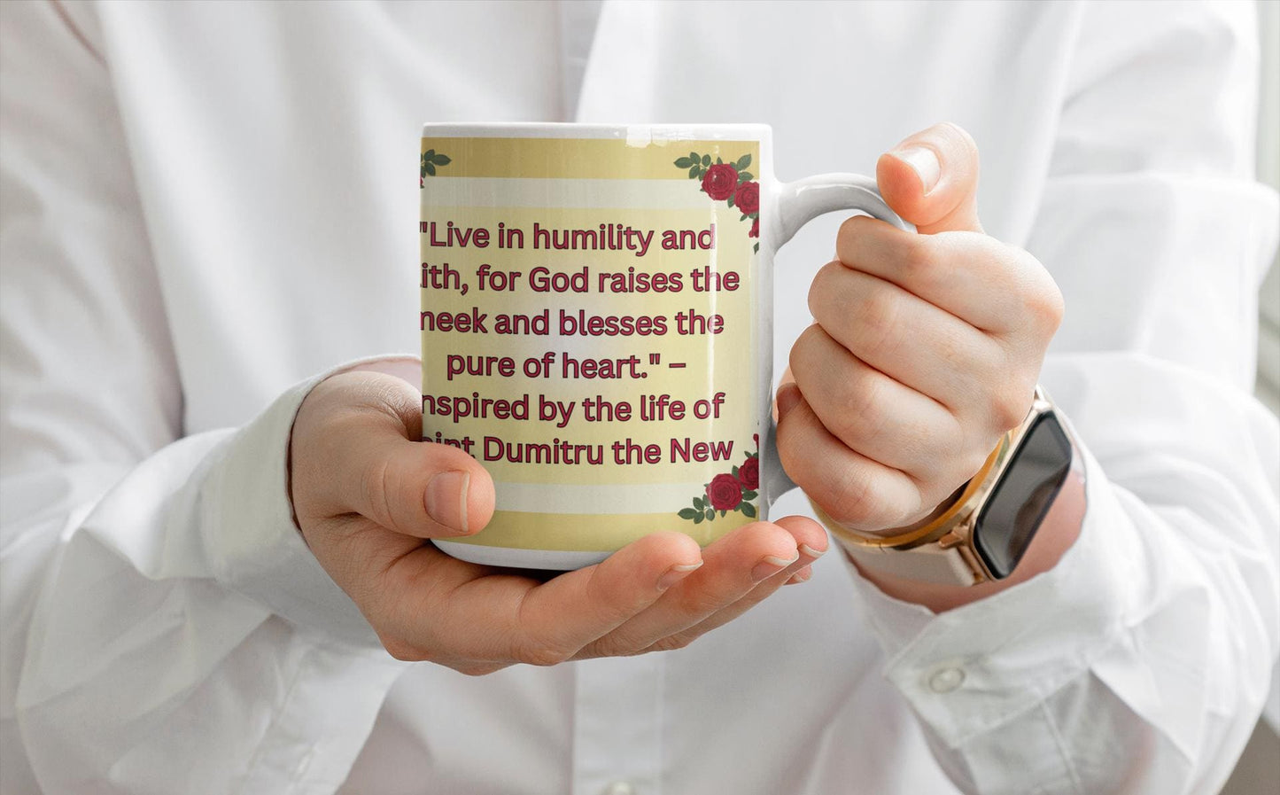 Honor Saint Dumitru the New, the patron saint of Bucharest, with this Orthodox Christian Mug. Made from durable ceramic, it's perfect for daily prayer, reflection, or as a meaningful faith-inspired gift. Microwave & dishwasher safe.