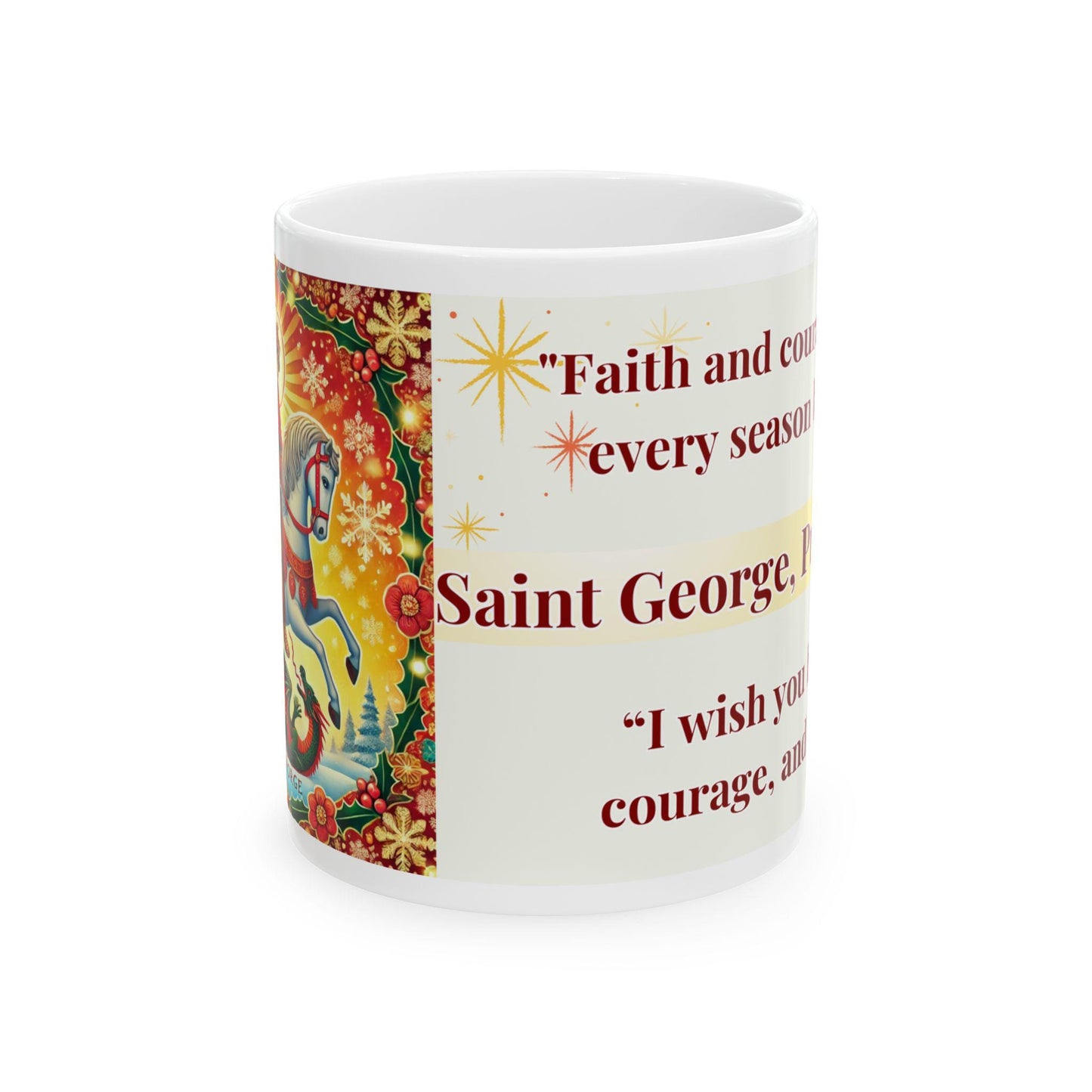Celebrate Saint George with this vibrant festive mug, featuring a beautiful Orthodox Christian icon. Perfect as a thoughtful gift or for daily use. Dishwasher- and microwave-safe ceramic mug with vivid, fade-resistant colors