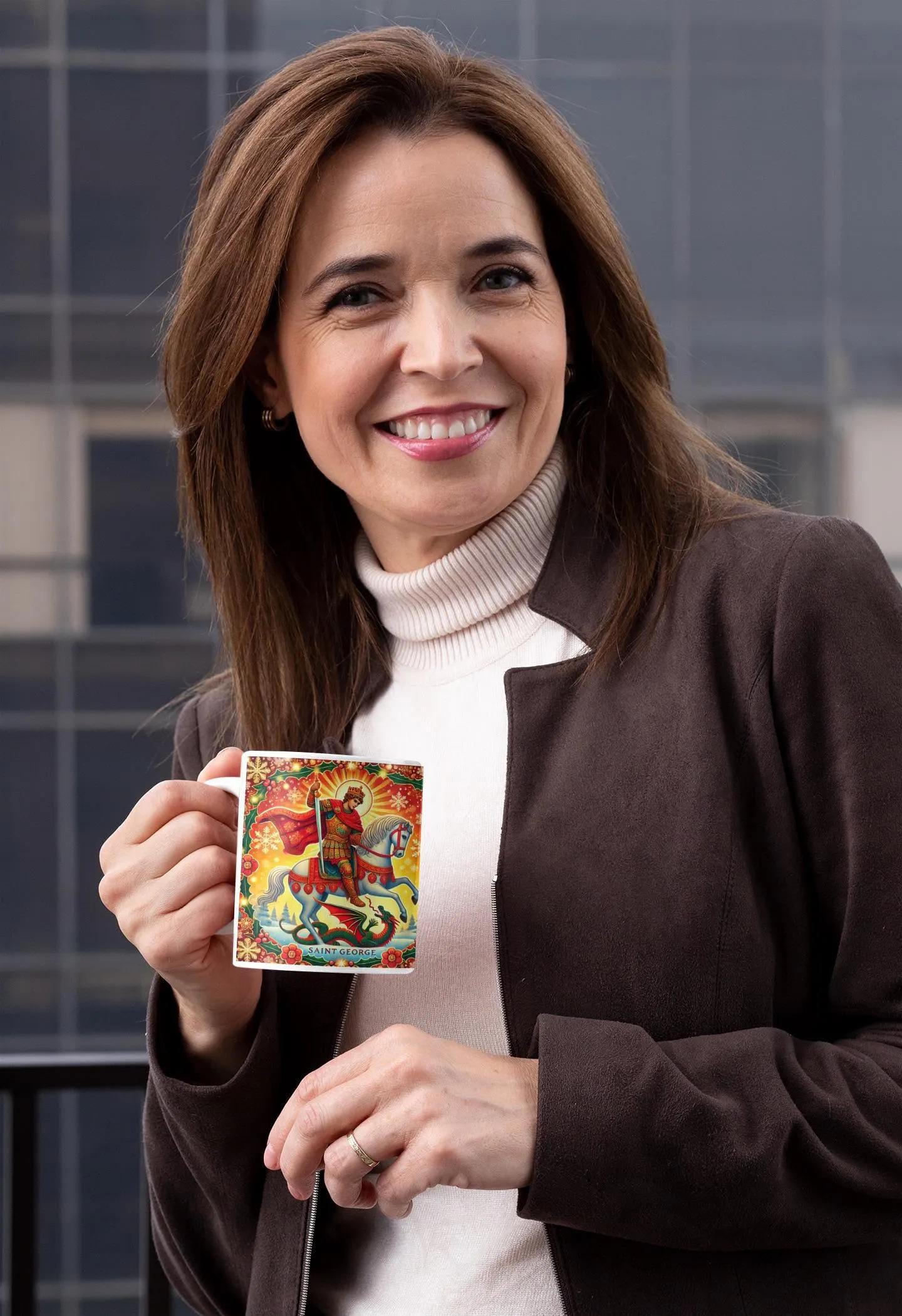 Celebrate Saint George with this vibrant festive mug, featuring a beautiful Orthodox Christian icon. Perfect as a thoughtful gift or for daily use. Dishwasher- and microwave-safe ceramic mug with vivid, fade-resistant colors