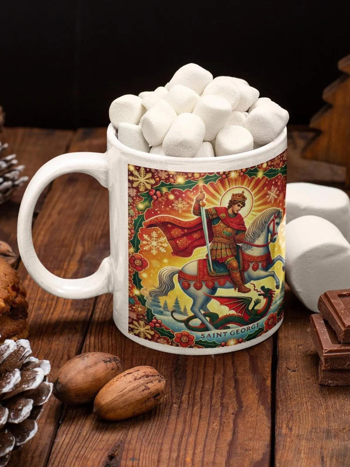 Celebrate Saint George with this vibrant festive mug, featuring a beautiful Orthodox Christian icon. Perfect as a thoughtful gift or for daily use. Dishwasher- and microwave-safe ceramic mug with vivid, fade-resistant colors