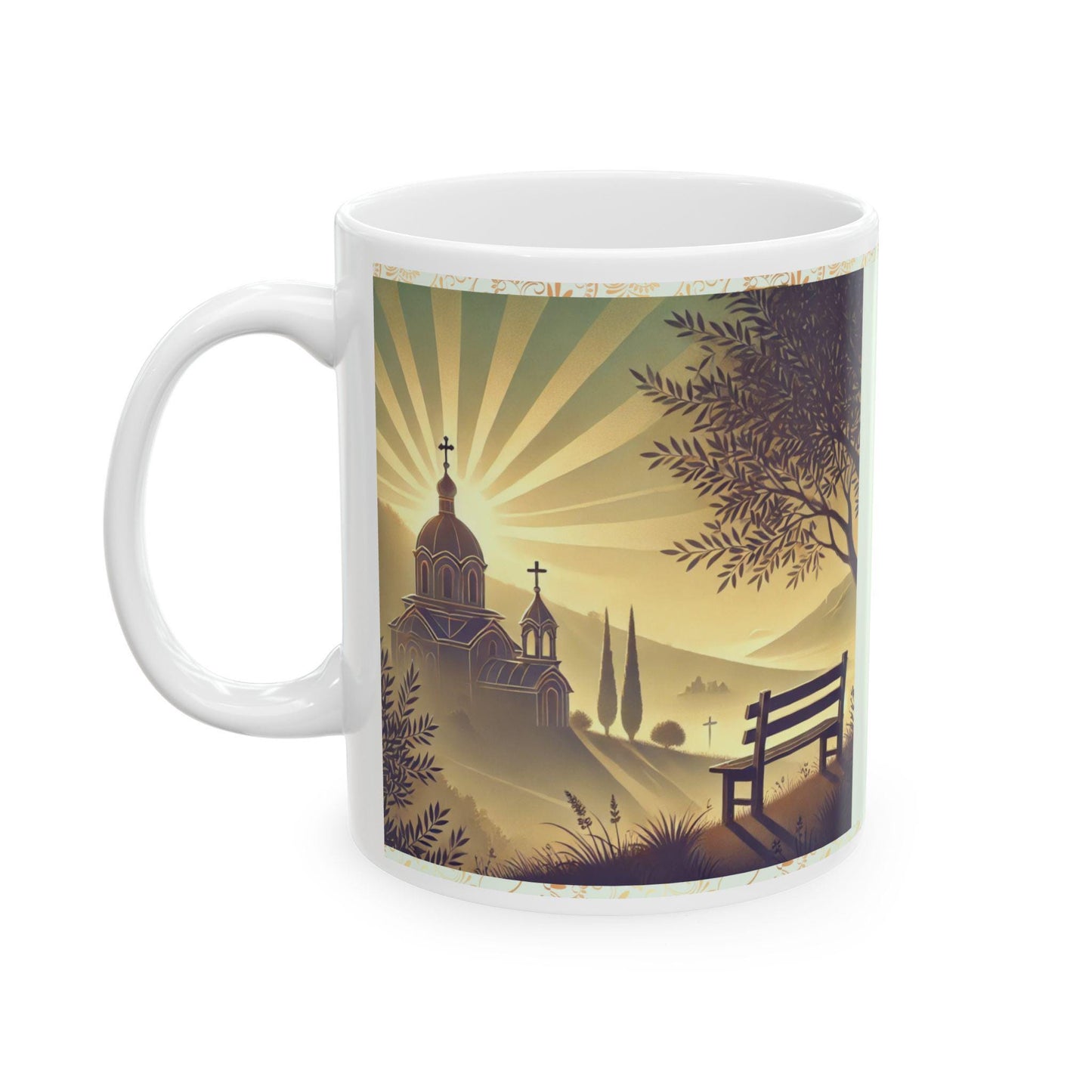 Psalm 143:8 morning prayer ceramic mug featuring the verse 'Let the morning bring me word of your unfailing love.' Durable, microwave- and dishwasher-safe, perfect for coffee, tea, or morning devotionals.