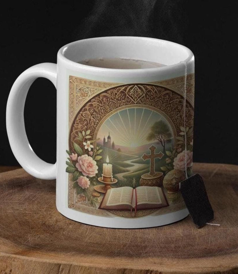 Psalm 5:3 morning prayer ceramic mug featuring the verse 'In the morning, Lord, you hear my voice.' Durable, microwave- and dishwasher-safe, perfect for coffee, tea, or morning devotionals.