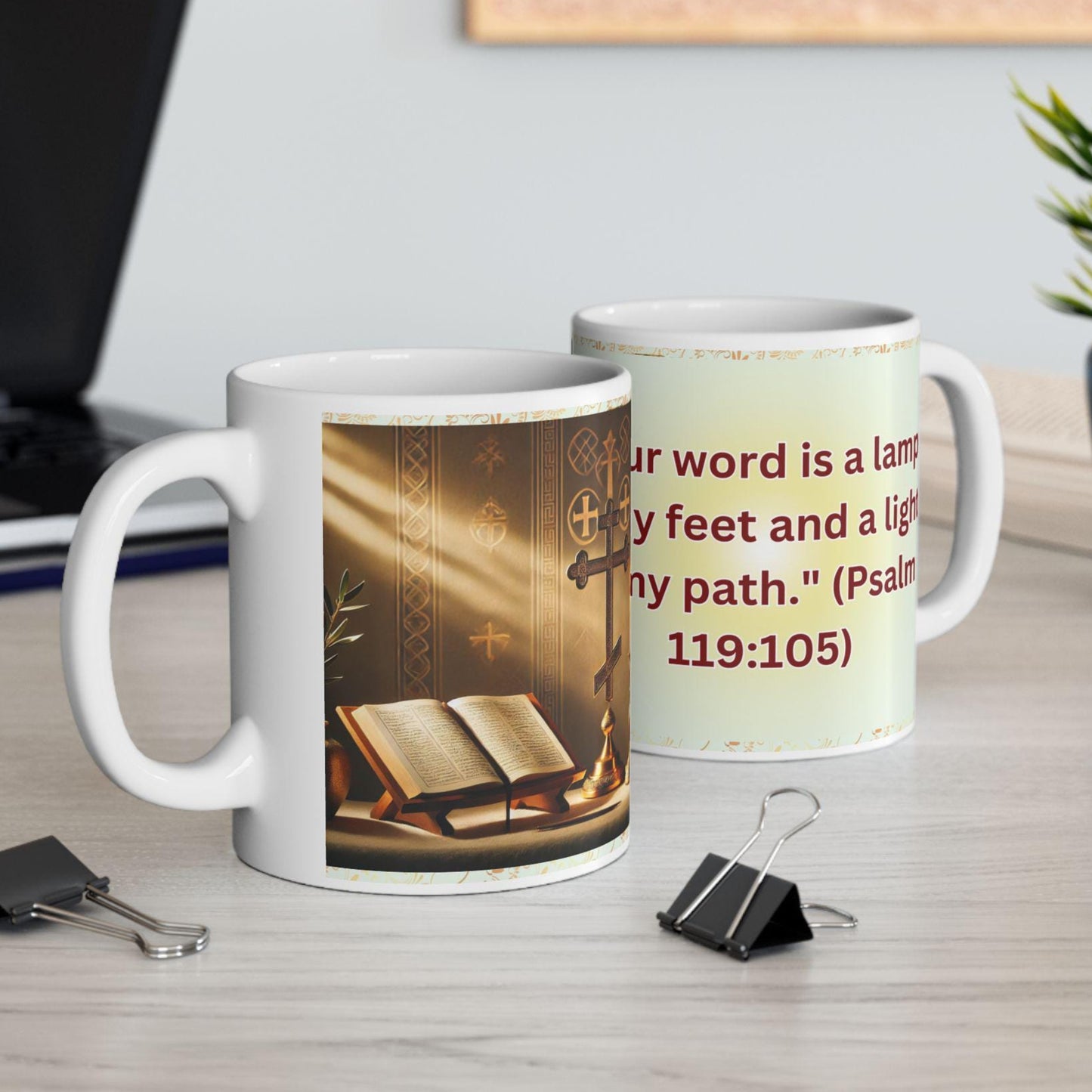 Psalm 119:105 morning prayer ceramic mug featuring the verse 'Your word is a lamp to my feet and a light to my path.' Durable, microwave- and dishwasher-safe, perfect for coffee, tea, or morning devotionals