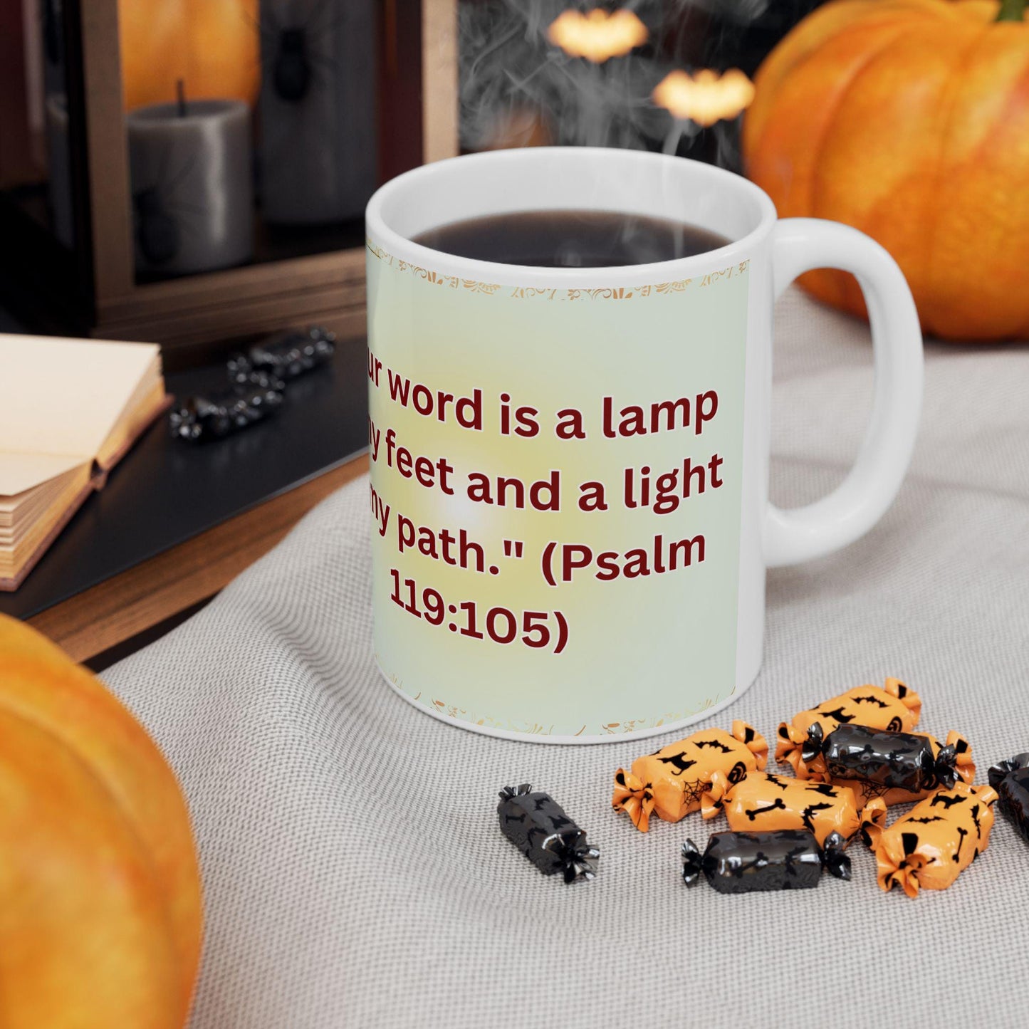 Psalm 119:105 morning prayer ceramic mug featuring the verse 'Your word is a lamp to my feet and a light to my path.' Durable, microwave- and dishwasher-safe, perfect for coffee, tea, or morning devotionals
