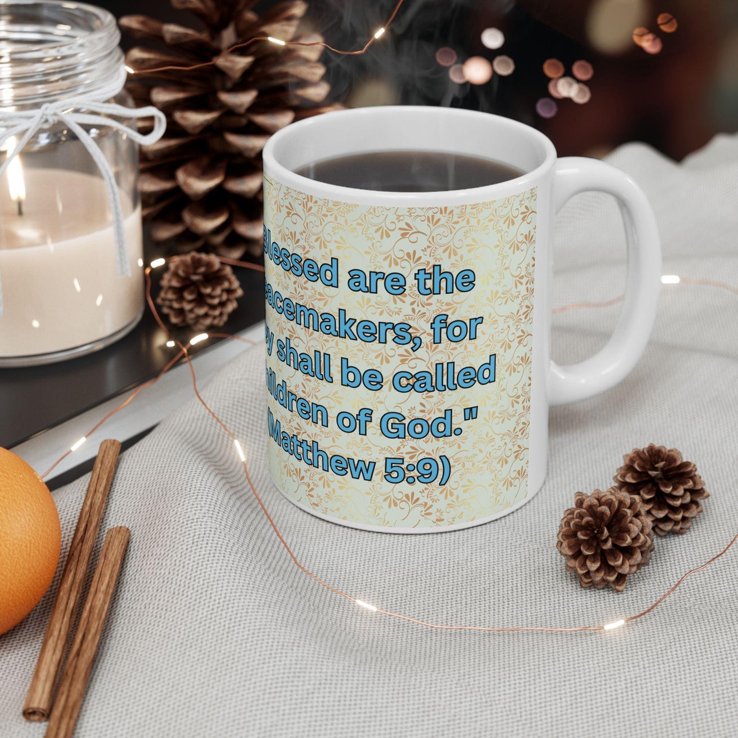 Blessed Are the Peacemakers ceramic mug featuring Matthew 5:9 and a serene dove design. Durable, microwave- and dishwasher-safe, perfect for coffee, tea, or as a meaningful gift for faith-filled moments
