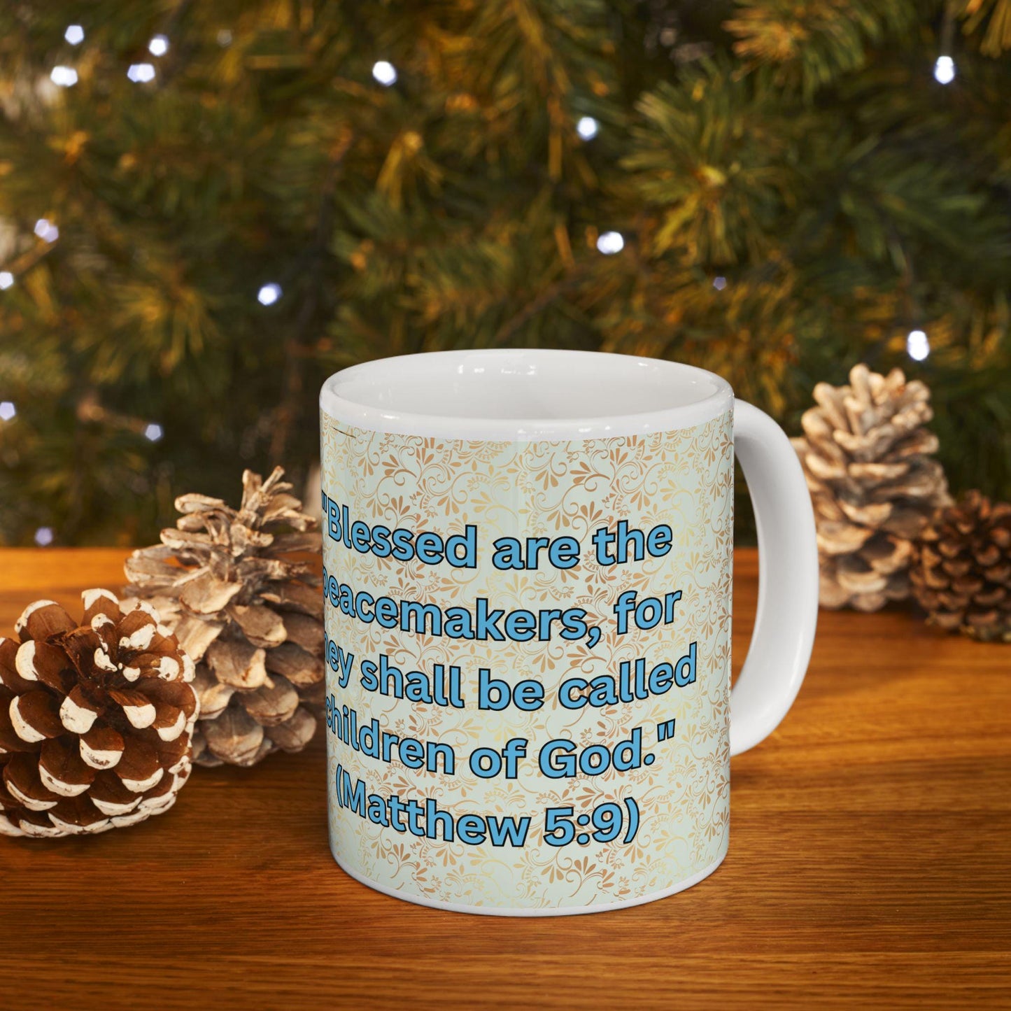 Blessed Are the Peacemakers ceramic mug featuring Matthew 5:9 and a serene dove design. Durable, microwave- and dishwasher-safe, perfect for coffee, tea, or as a meaningful gift for faith-filled moments
