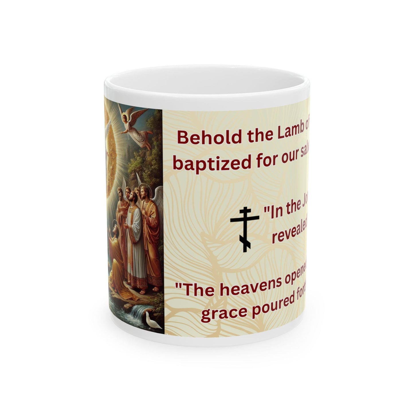 Orthodox Theophany ceramic mug featuring a sacred Baptism of Christ design. Durable, microwave- and dishwasher-safe, perfect for coffee, tea, or as a meaningful gift for Epiphany celebrations.
