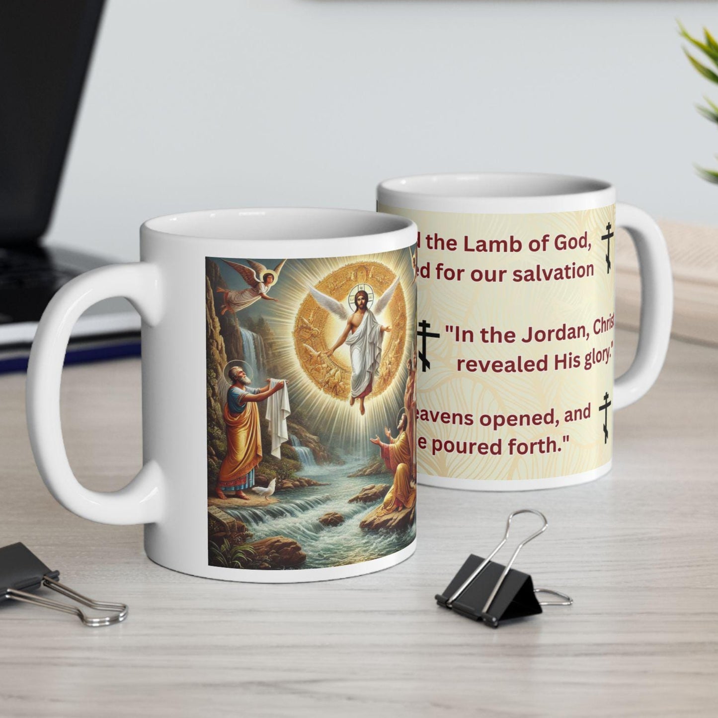 Orthodox Theophany ceramic mug featuring a sacred Baptism of Christ design. Durable, microwave- and dishwasher-safe, perfect for coffee, tea, or as a meaningful gift for Epiphany celebrations.
