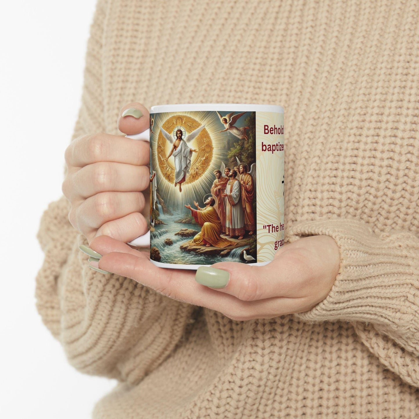 Orthodox Theophany ceramic mug featuring a sacred Baptism of Christ design. Durable, microwave- and dishwasher-safe, perfect for coffee, tea, or as a meaningful gift for Epiphany celebrations.
