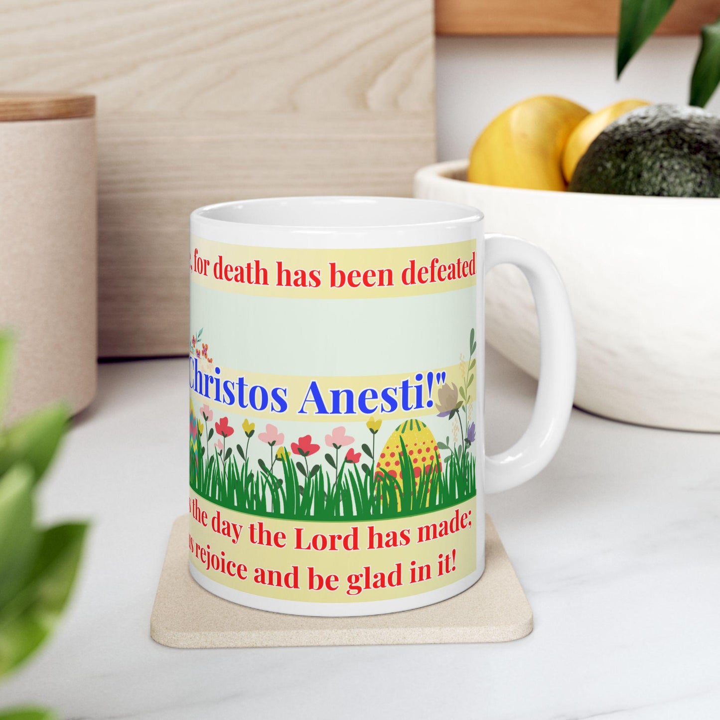 Orthodox Easter ceramic mug featuring a vibrant Resurrection of Christ design. Durable, microwave- and dishwasher-safe, perfect for coffee, tea, or as a meaningful gift for Paschal celebrations