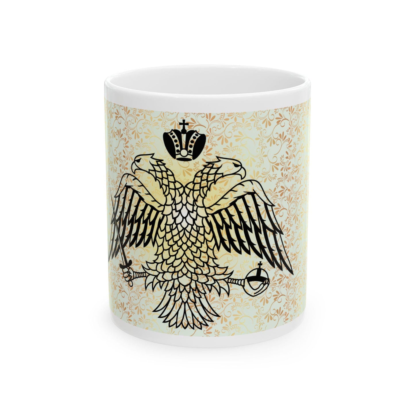 Byzantine Eagle ceramic mug featuring the iconic double-headed eagle design. Durable, microwave- and dishwasher-safe, perfect for coffee, tea, or as a meaningful gift for Orthodox and Byzantine history enthusiasts