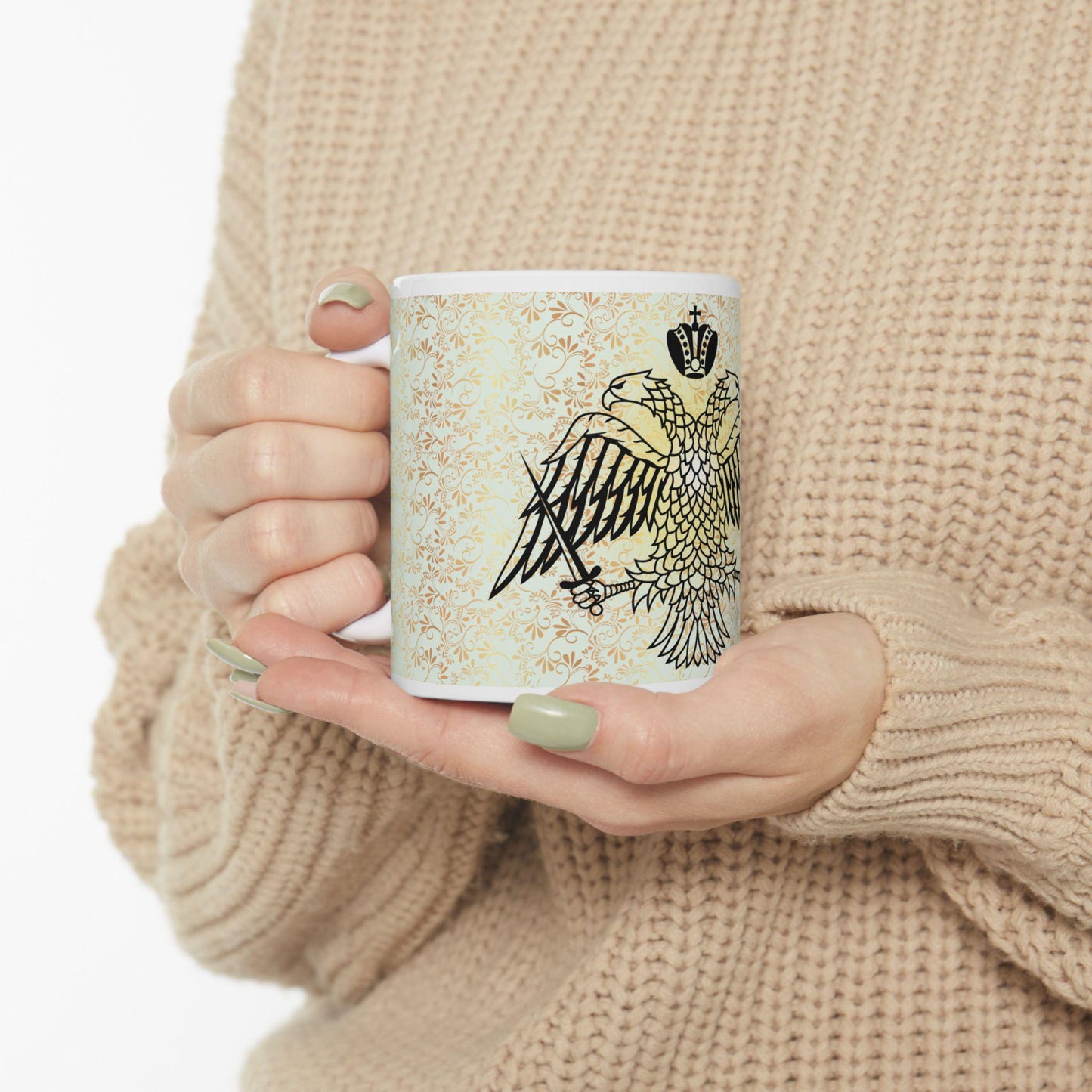 Byzantine Eagle ceramic mug featuring the iconic double-headed eagle design. Durable, microwave- and dishwasher-safe, perfect for coffee, tea, or as a meaningful gift for Orthodox and Byzantine history enthusiasts