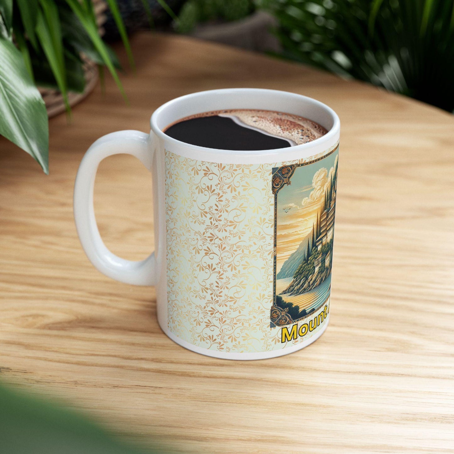 Mount Athos ceramic mug featuring a tranquil Orthodox Christian design. Durable, microwave- and dishwasher-safe, perfect for coffee, tea, or as a meaningful gift for pilgrims and Orthodox Christians.