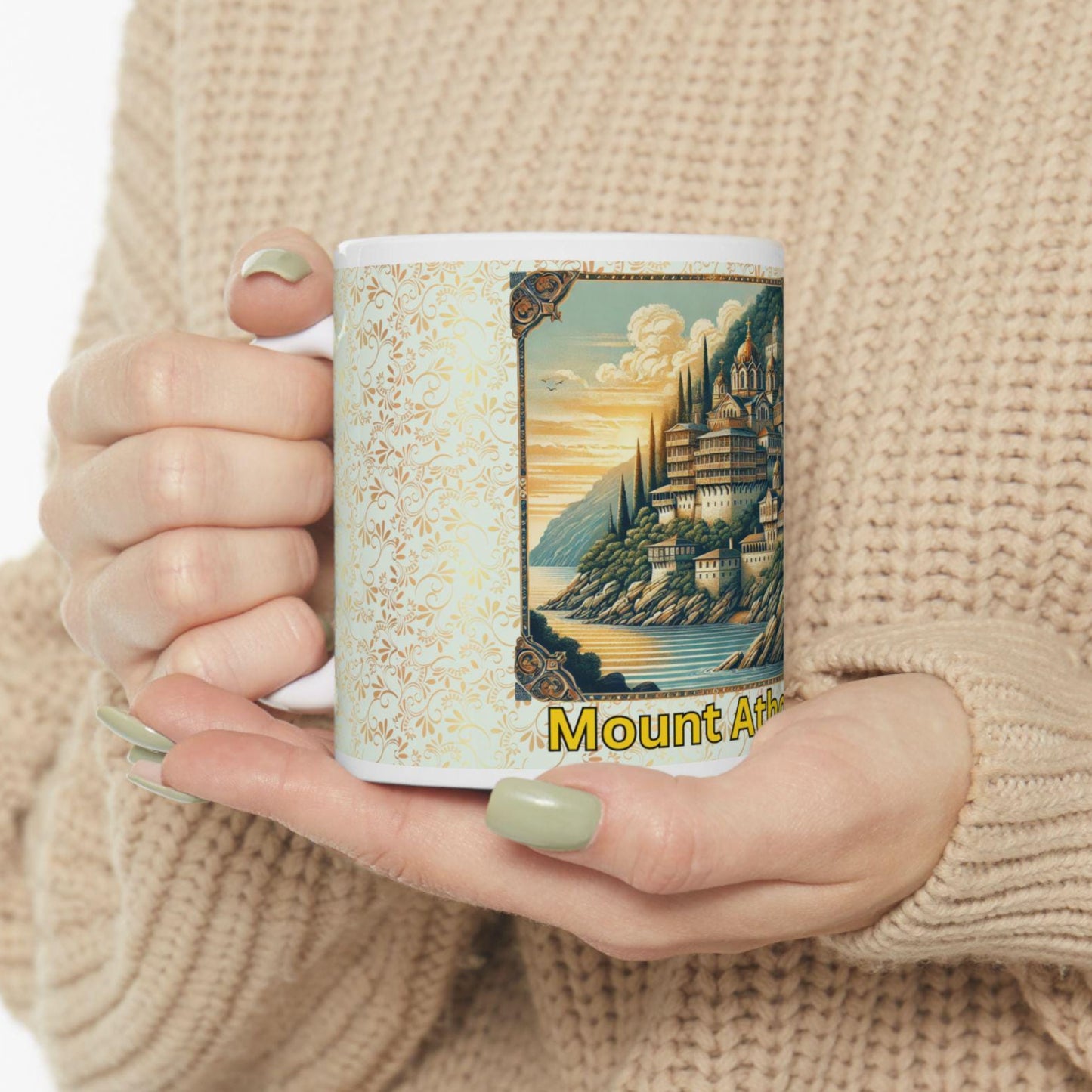 Mount Athos ceramic mug featuring a tranquil Orthodox Christian design. Durable, microwave- and dishwasher-safe, perfect for coffee, tea, or as a meaningful gift for pilgrims and Orthodox Christians.