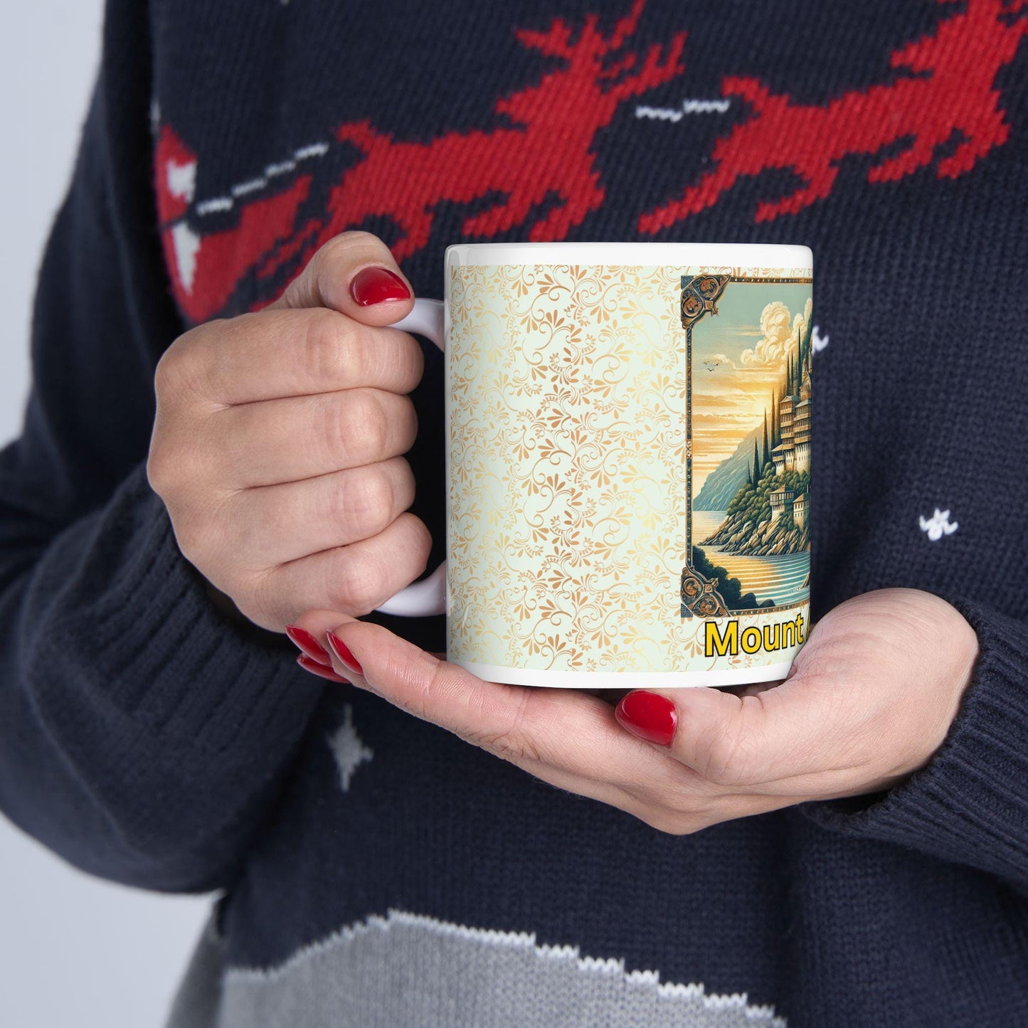 Mount Athos ceramic mug featuring a tranquil Orthodox Christian design. Durable, microwave- and dishwasher-safe, perfect for coffee, tea, or as a meaningful gift for pilgrims and Orthodox Christians.