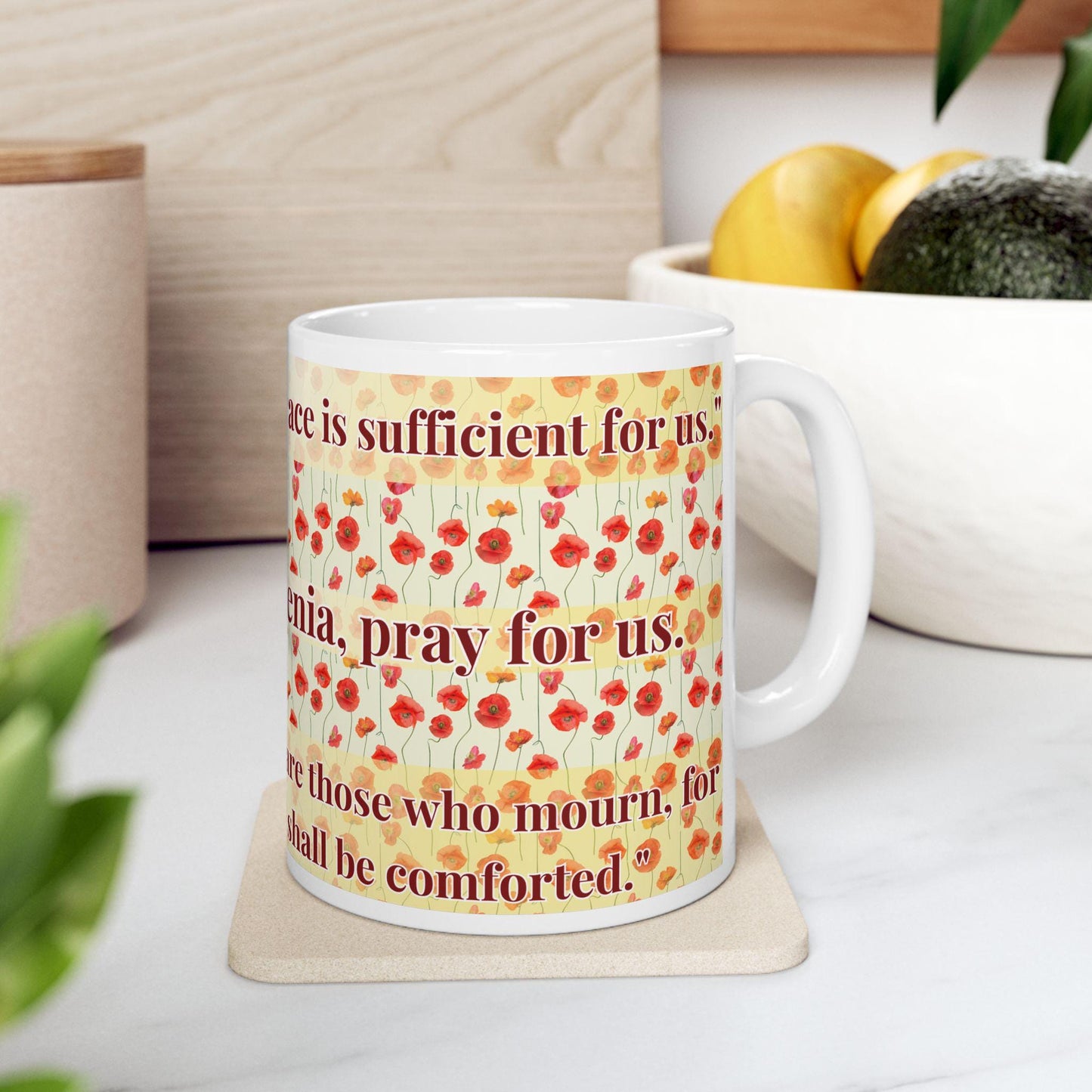 Saint Xenia of St. Petersburg 11oz ceramic mug with a detailed Orthodox Christian design. Durable, microwave- and dishwasher-safe, perfect for coffee, tea, or as a meaningful gift for baptisms, name days, or celebrations of faith