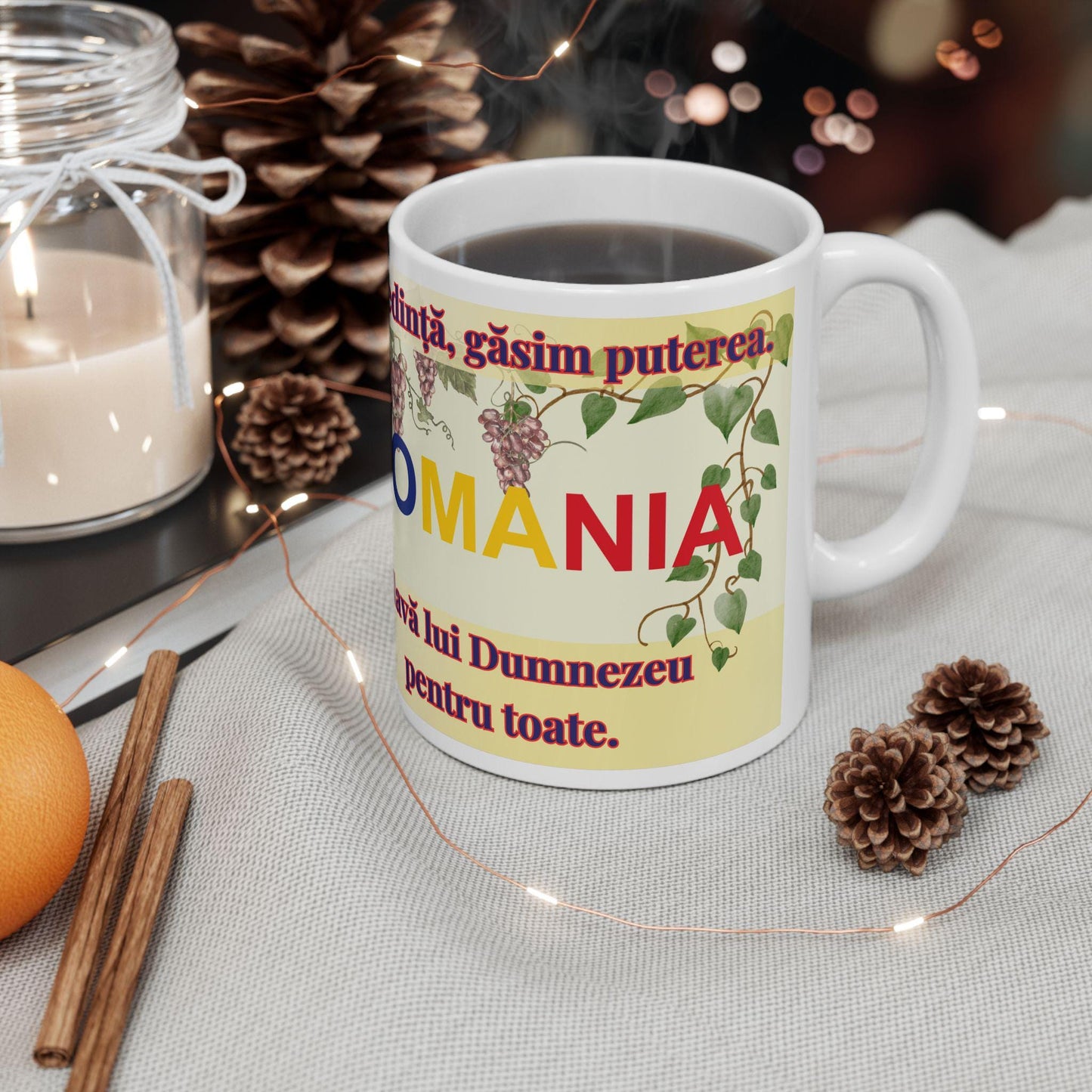 Romanian Orthodox Christian 11oz ceramic mug with a faith-inspired design. Durable, microwave- and dishwasher-safe, perfect for coffee, tea, or as a thoughtful gift for baptisms, name days, or Romanian Orthodox celebrations