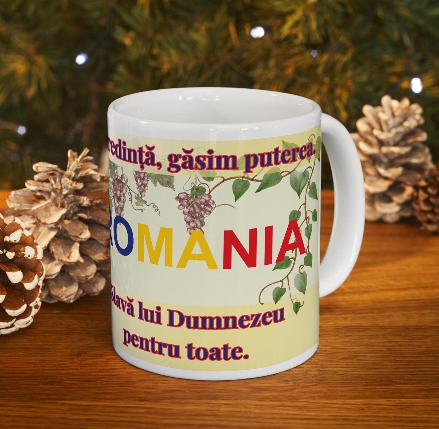 Romanian Orthodox Christian 11oz ceramic mug with a faith-inspired design. Durable, microwave- and dishwasher-safe, perfect for coffee, tea, or as a thoughtful gift for baptisms, name days, or Romanian Orthodox celebrations