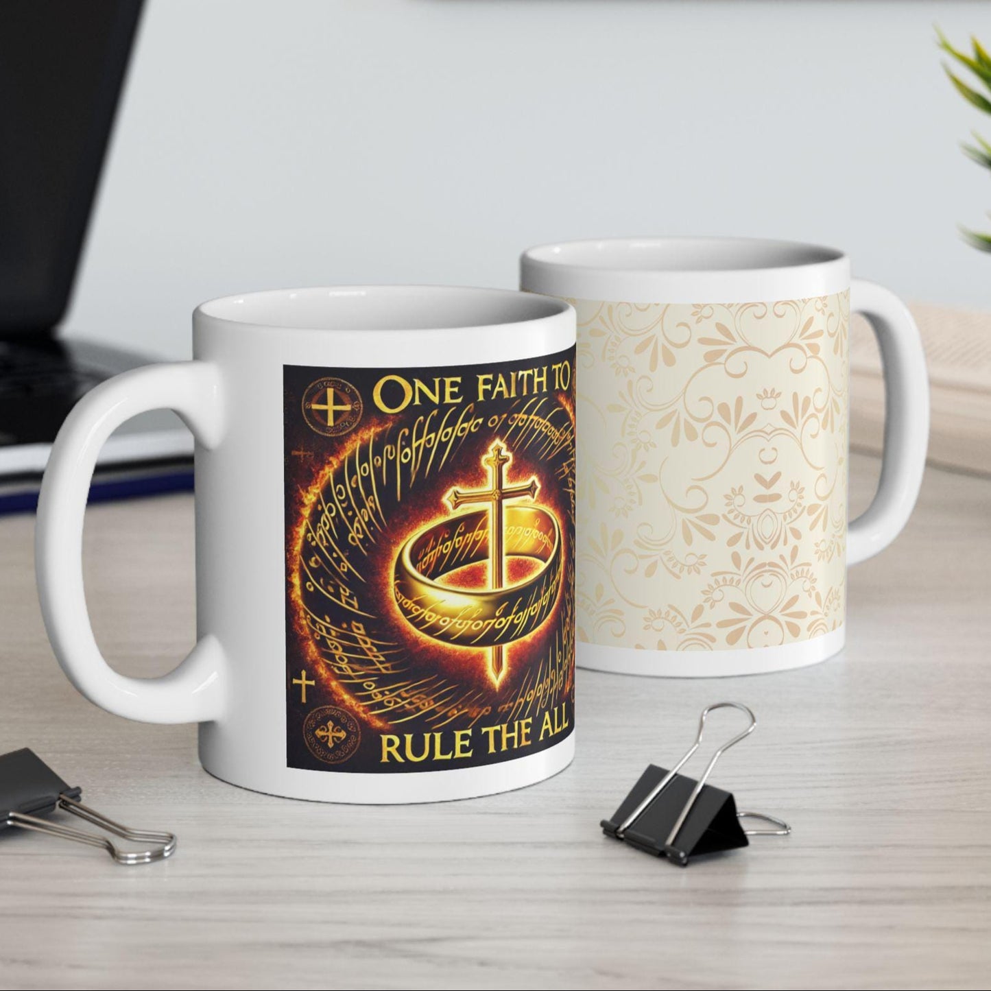 Orthodox Christian ceramic mug with the phrase 'The ONE Faith to RULE Them ALL.' Durable 11oz white ceramic mug, microwave- and dishwasher-safe, perfect for coffee, tea, or as a unique religious gift for Orthodox Christians.