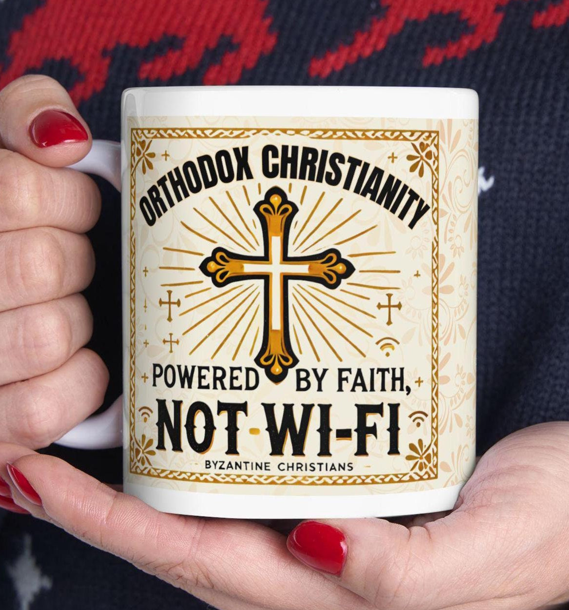 11oz white ceramic mug featuring the humorous phrase 'Orthodox Christian Keeping it Real Since 33AD.' Durable, microwave- and dishwasher-safe, perfect for coffee or tea, and a great gift for Orthodox Christians