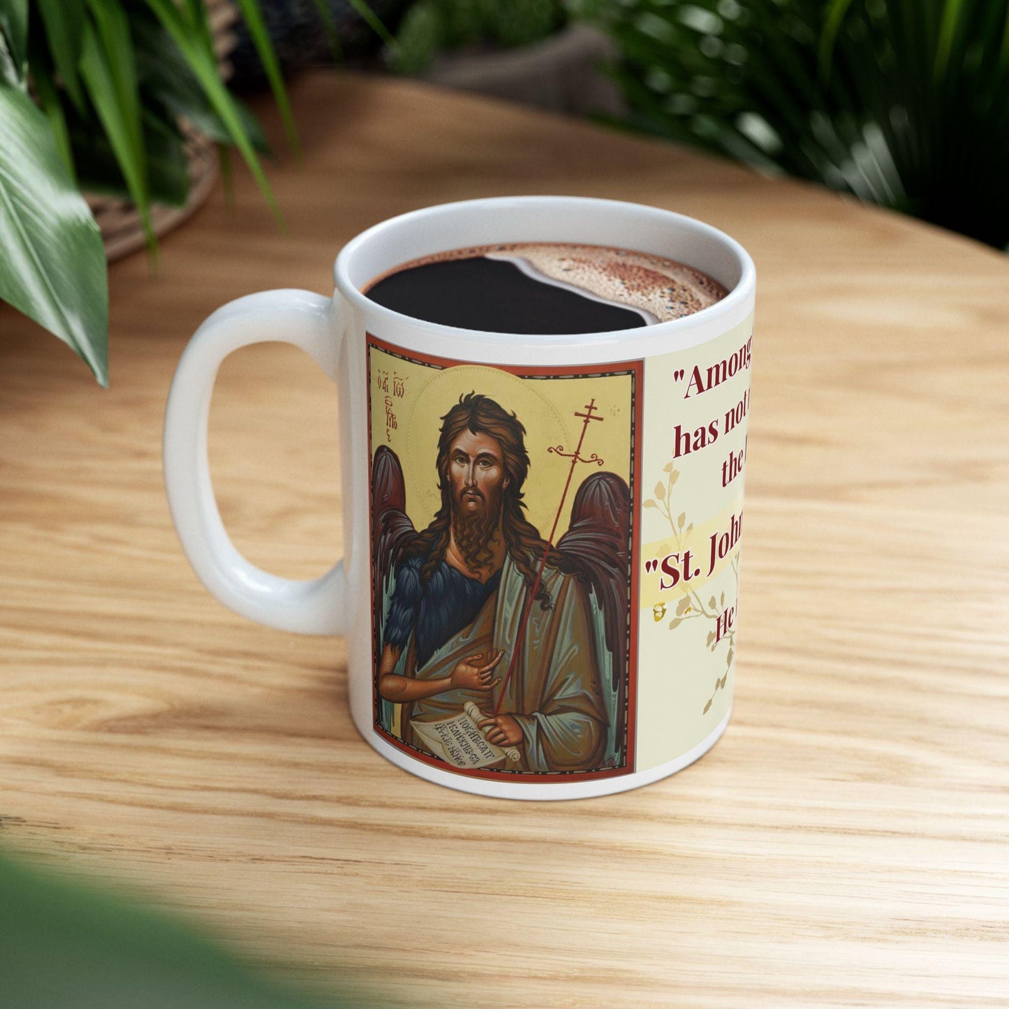Orthodox Christian 11oz ceramic mug with a vibrant St. John the Baptist design. Durable, microwave- and dishwasher-safe, perfect for coffee or tea. Ideal for baptisms, name days, or as a meaningful gift for any religious occasion