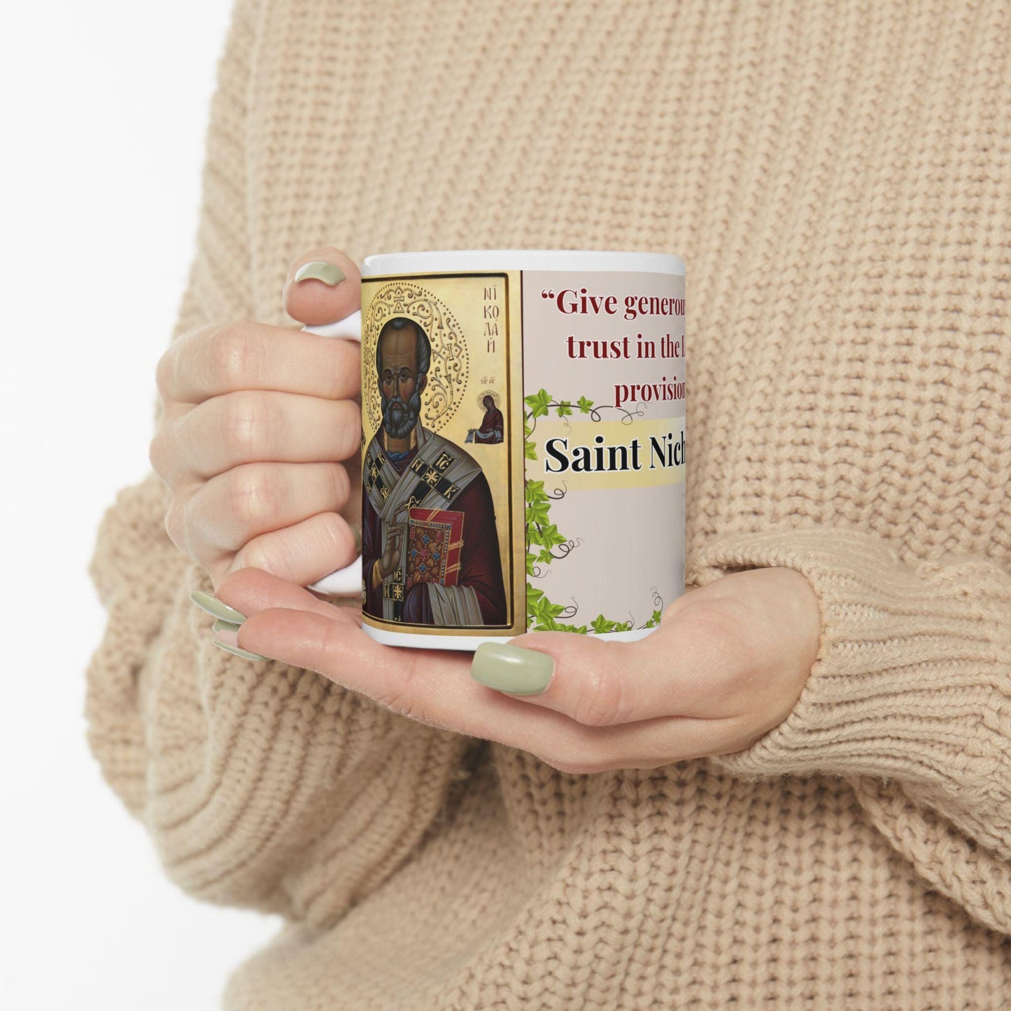 Orthodox Christian ceramic mug featuring a vibrant St. Nicholas design. Perfect for coffee, tea, or as a meaningful gift for Christmas, baptisms, and name days. 11oz white ceramic mug with a durable AAA+ ORCA coating, microwave- and dishwasher-safe