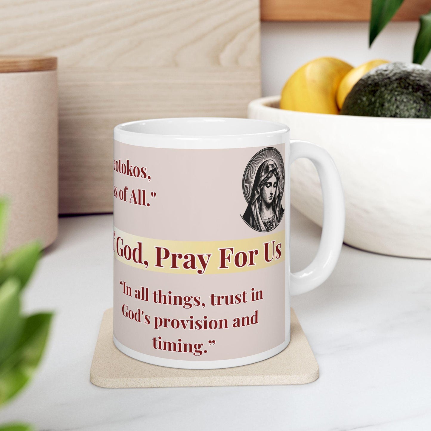 Orthodox Christian ceramic mug featuring a vibrant St. Theotokos design. Perfect for coffee, tea, or as a meaningful gift for Christmas, baptisms, and name days. 11oz white ceramic mug with a durable AAA+ ORCA coating, microwave- and dishwasher-safe