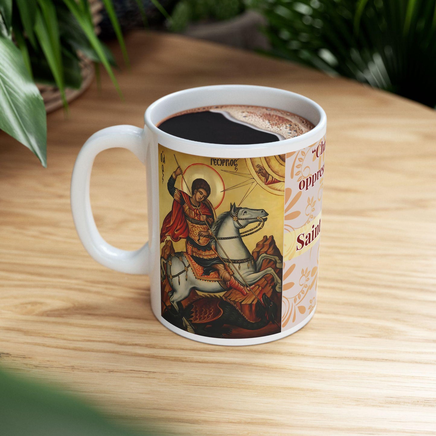 Orthodox Christian ceramic mug featuring a vibrant St. George design. Perfect for coffee, tea, or as a meaningful gift for Christmas, baptisms, and name days. 11oz white ceramic mug with a durable AAA+ ORCA coating, microwave- and dishwasher-safe