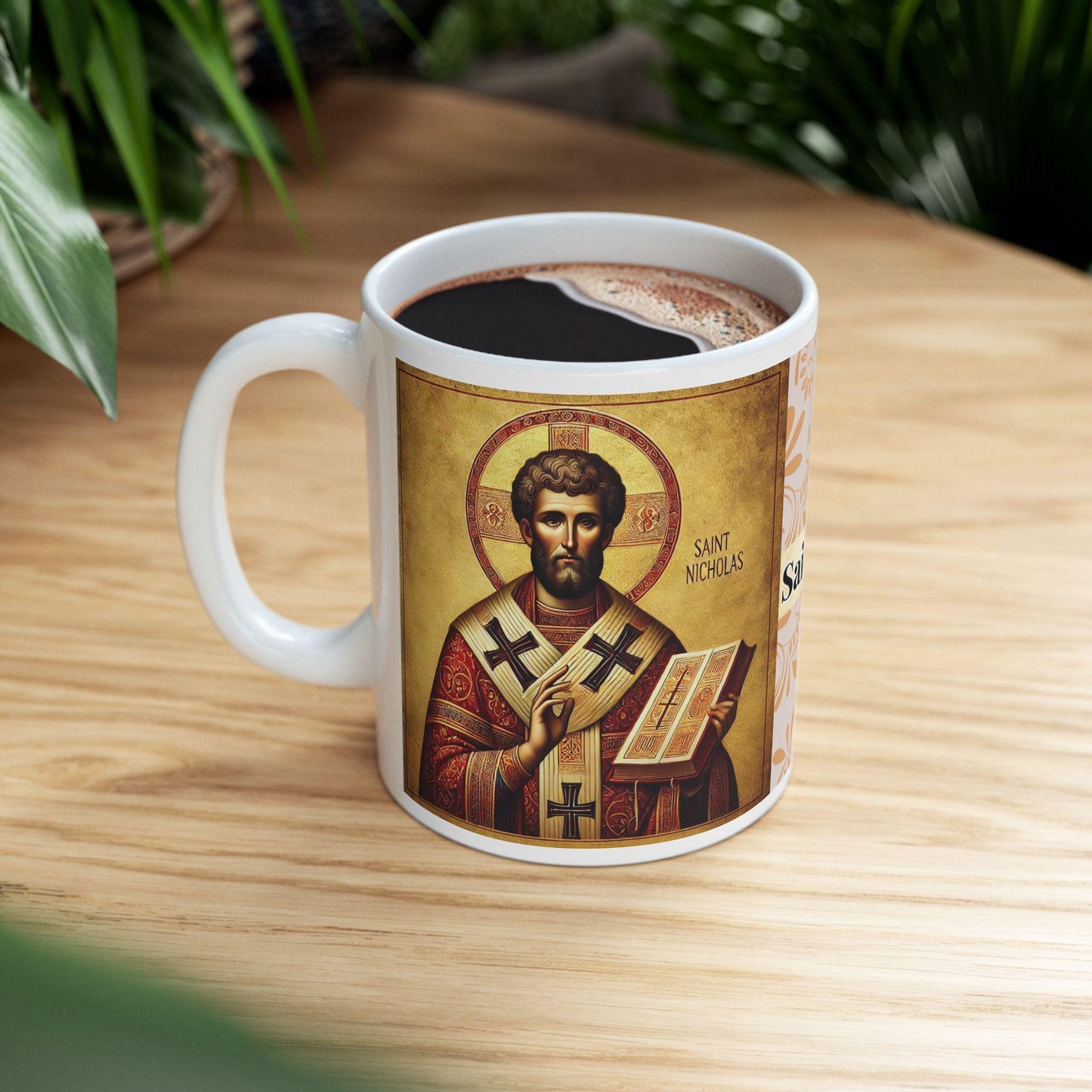 Orthodox Christian ceramic mug featuring a vibrant St. Nicholas design. Perfect for coffee, tea, or as a meaningful gift for Christmas, baptisms, and name days. 11oz white ceramic mug with a durable AAA+ ORCA coating, microwave- and dishwasher-safe