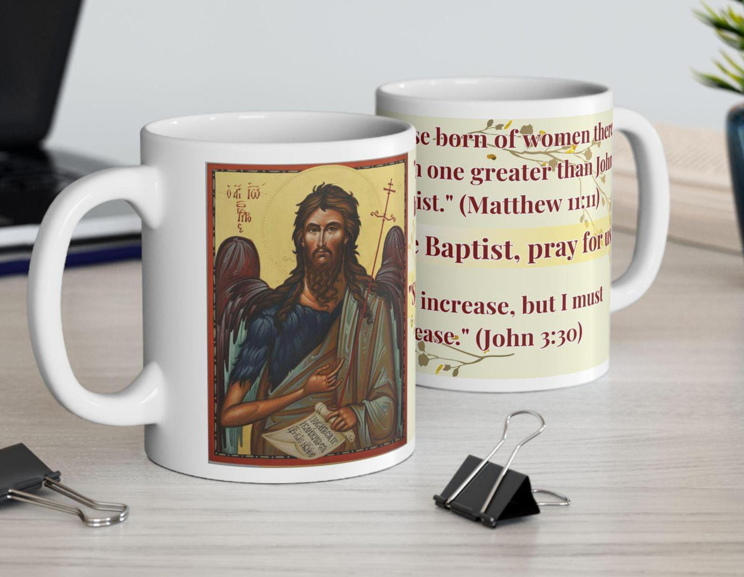 Orthodox Christian 11oz ceramic mug with a vibrant St. John the Baptist design. Durable, microwave- and dishwasher-safe, perfect for coffee or tea. Ideal for baptisms, name days, or as a meaningful gift for any religious occasion