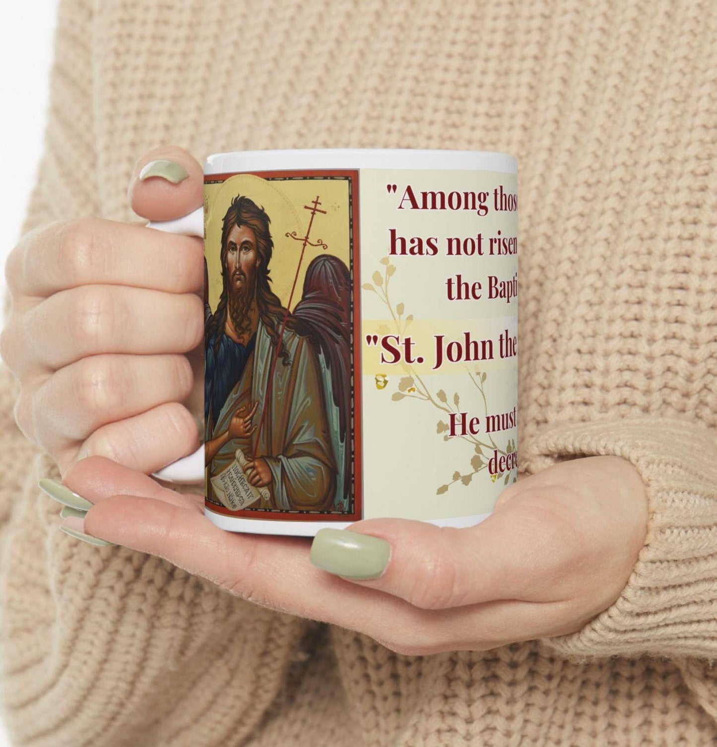 Orthodox Christian 11oz ceramic mug with a vibrant St. John the Baptist design. Durable, microwave- and dishwasher-safe, perfect for coffee or tea. Ideal for baptisms, name days, or as a meaningful gift for any religious occasion