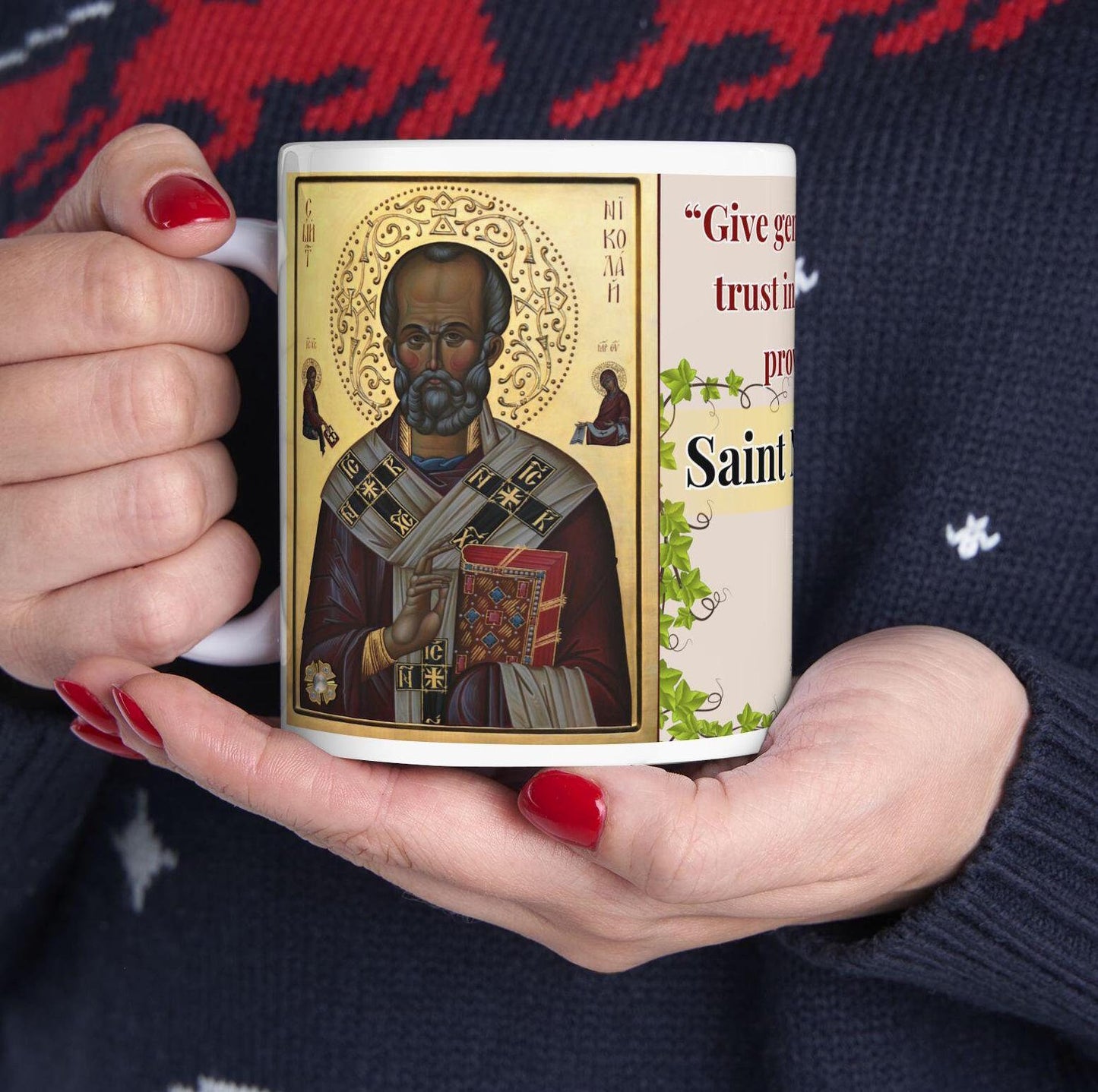 Orthodox Christian ceramic mug featuring a vibrant St. Nicholas design. Perfect for coffee, tea, or as a meaningful gift for Christmas, baptisms, and name days. 11oz white ceramic mug with a durable AAA+ ORCA coating, microwave- and dishwasher-safe