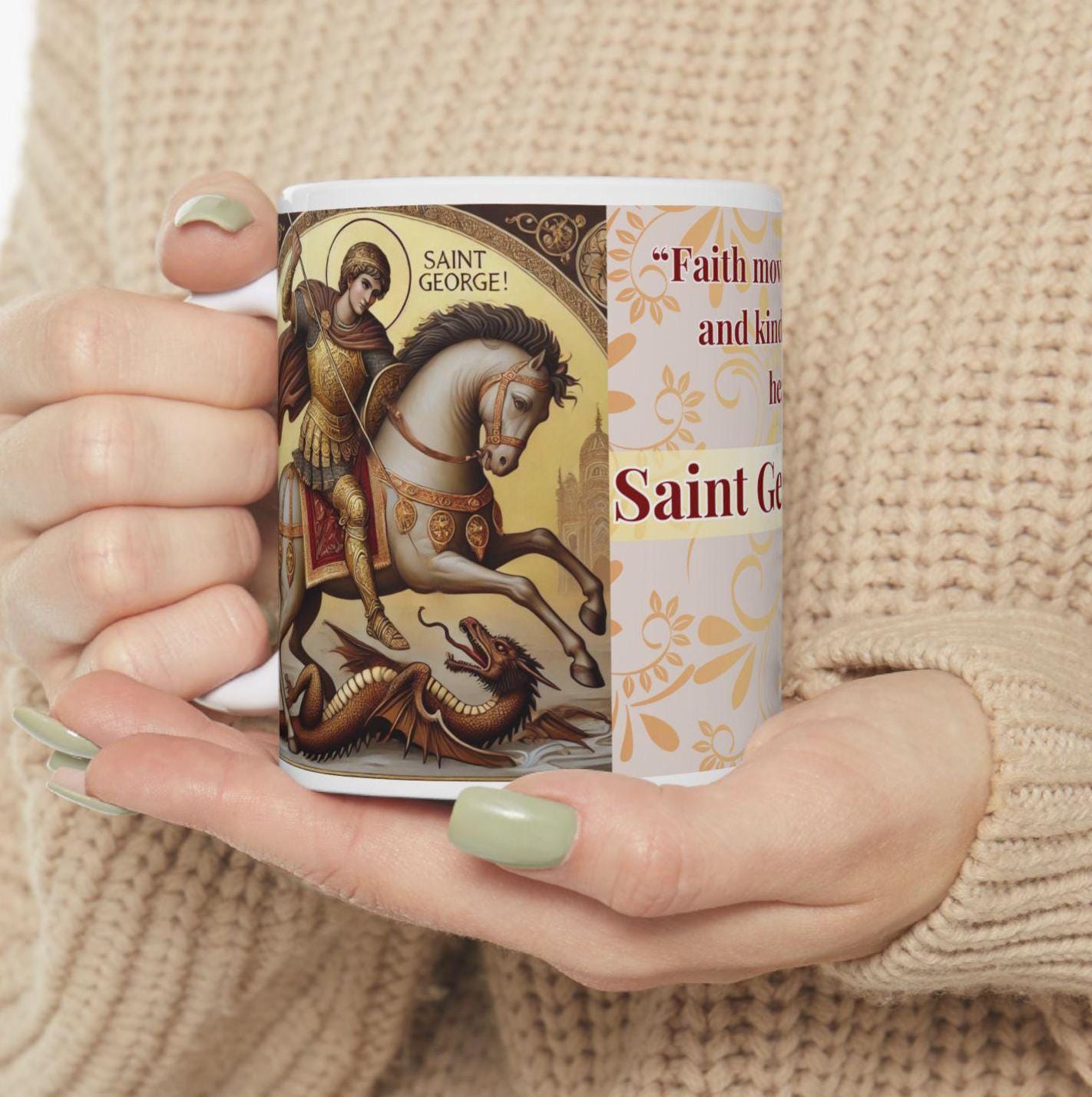 Orthodox Christian ceramic mug featuring a vibrant St. George design. Perfect for coffee, tea, or as a meaningful gift for Christmas, baptisms, and name days. 11oz white ceramic mug with a durable AAA+ ORCA coating, microwave- and dishwasher-safe