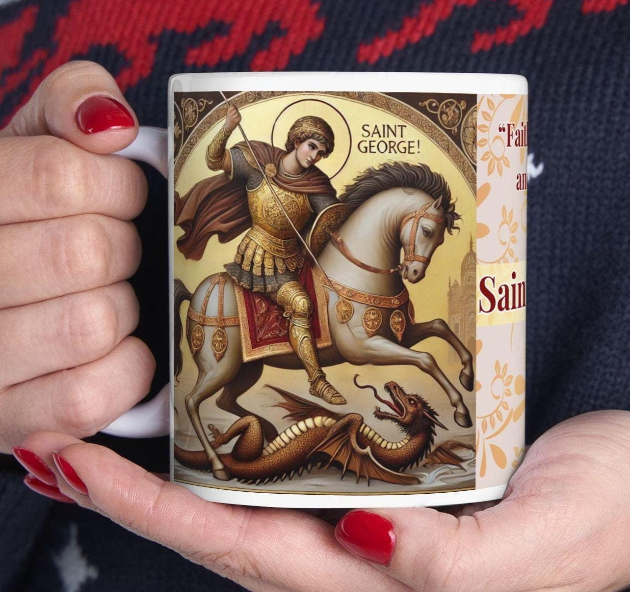 Orthodox Christian ceramic mug featuring a vibrant St. George design. Perfect for coffee, tea, or as a meaningful gift for Christmas, baptisms, and name days. 11oz white ceramic mug with a durable AAA+ ORCA coating, microwave- and dishwasher-safe