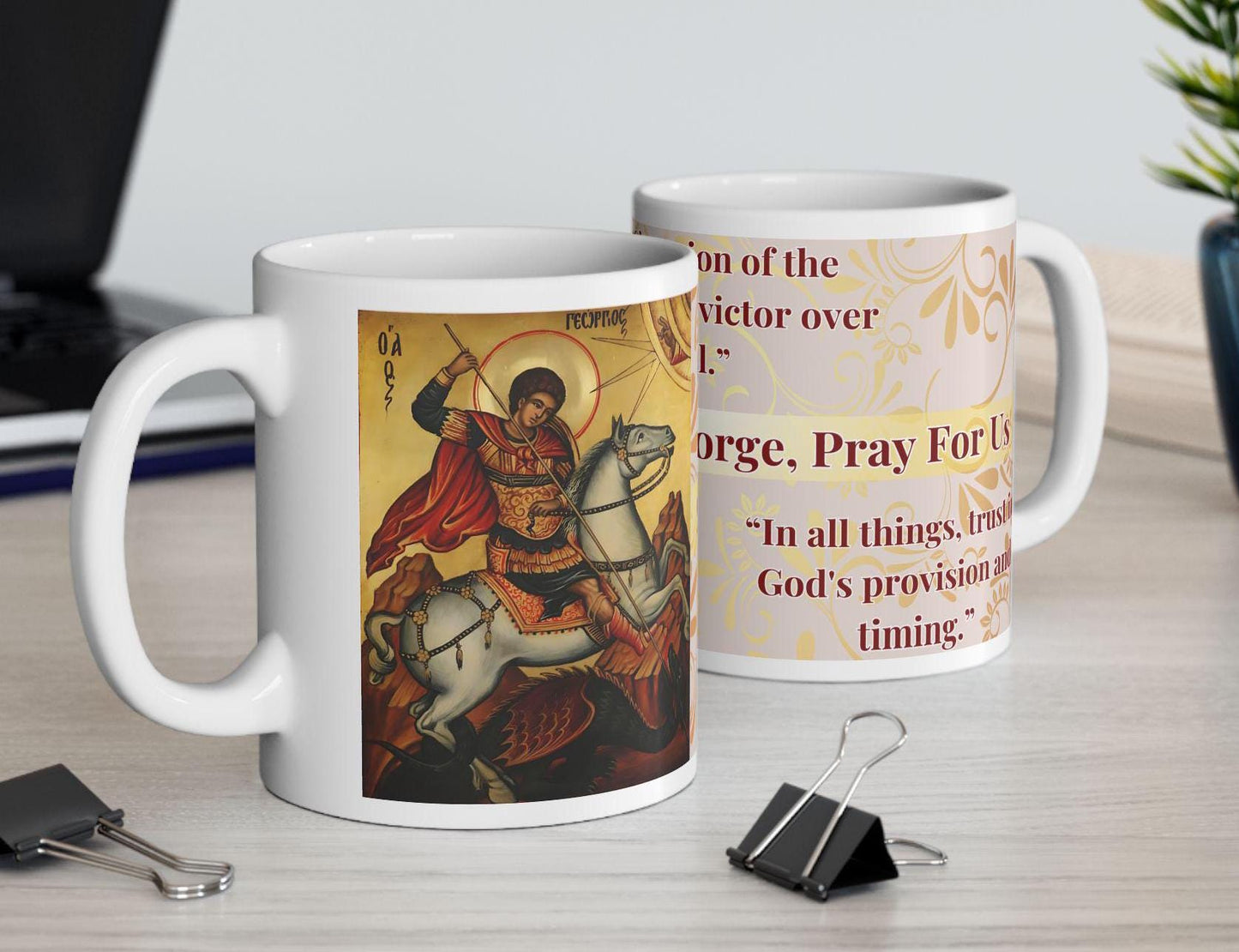 Orthodox Christian ceramic mug featuring a vibrant St. George design. Perfect for coffee, tea, or as a meaningful gift for Christmas, baptisms, and name days. 11oz white ceramic mug with a durable AAA+ ORCA coating, microwave- and dishwasher-safe