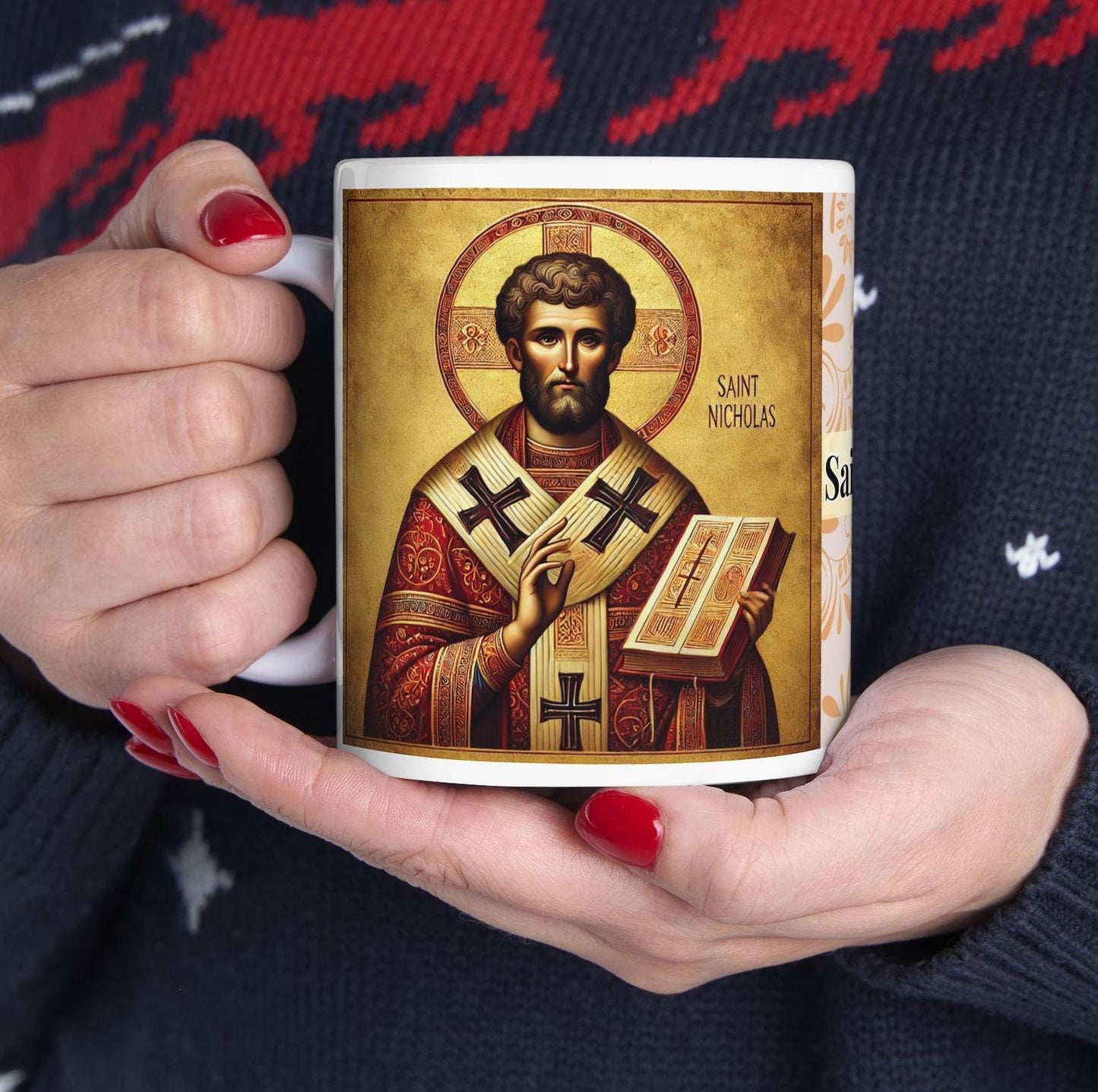 Orthodox Christian ceramic mug featuring a vibrant St. Nicholas design. Perfect for coffee, tea, or as a meaningful gift for Christmas, baptisms, and name days. 11oz white ceramic mug with a durable AAA+ ORCA coating, microwave- and dishwasher-safe