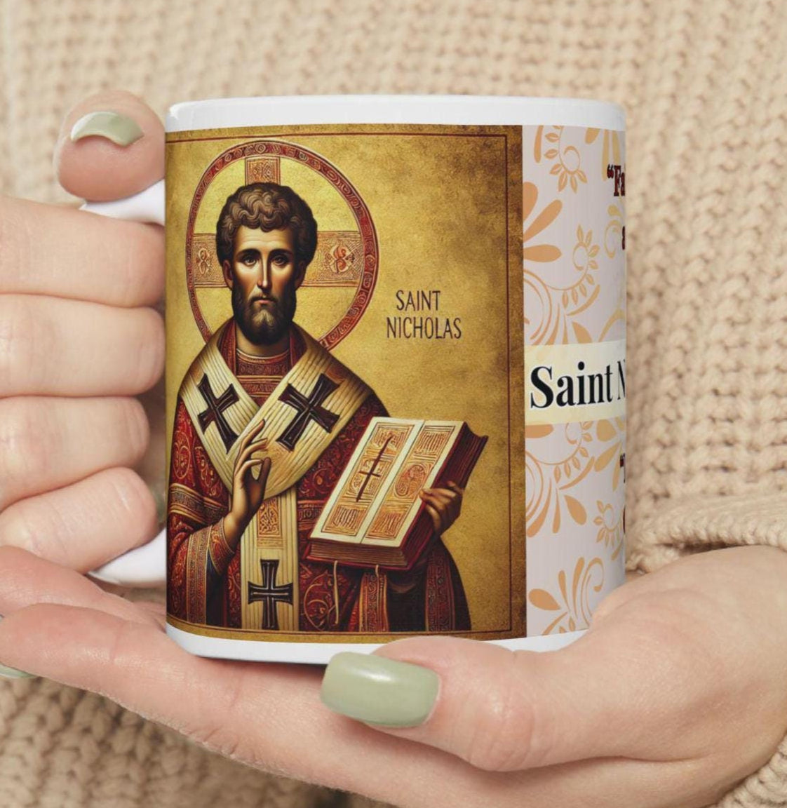 Orthodox Christian ceramic mug featuring a vibrant St. Nicholas design. Perfect for coffee, tea, or as a meaningful gift for Christmas, baptisms, and name days. 11oz white ceramic mug with a durable AAA+ ORCA coating, microwave- and dishwasher-safe