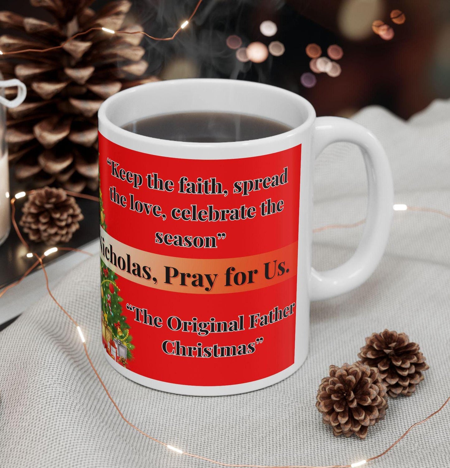 Orthodox Christian ceramic mug featuring a vibrant St. Nicholas design. Perfect for coffee, tea, or as a meaningful gift for Christmas, baptisms, and name days. 11oz white ceramic mug with a durable AAA+ ORCA coating, microwave- and dishwasher-safe
