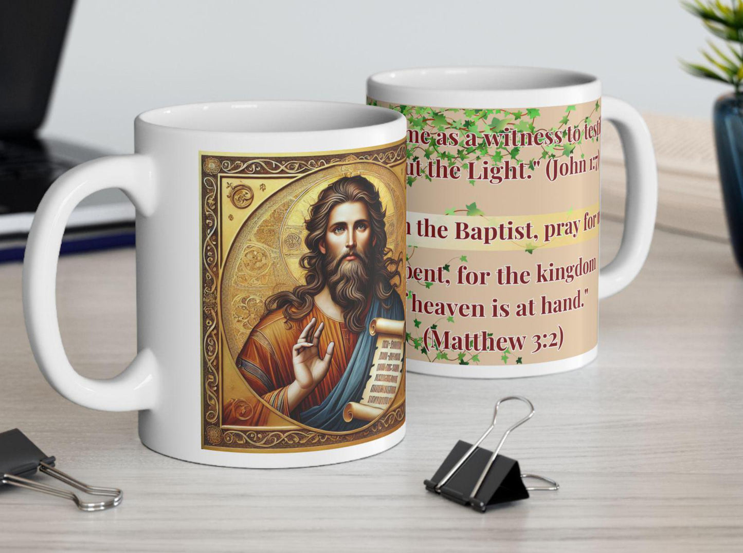 Orthodox Christian 11oz ceramic mug with a vibrant St. John the Baptist design. Durable, microwave- and dishwasher-safe, perfect for coffee or tea. Ideal for baptisms, name days, or as a meaningful gift for any religious occasion
